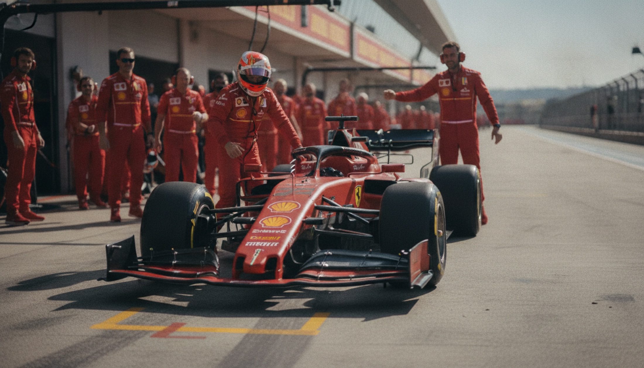 F1 pit duvarı detayı, zamanlama ekranları ve hazır duran ekipman