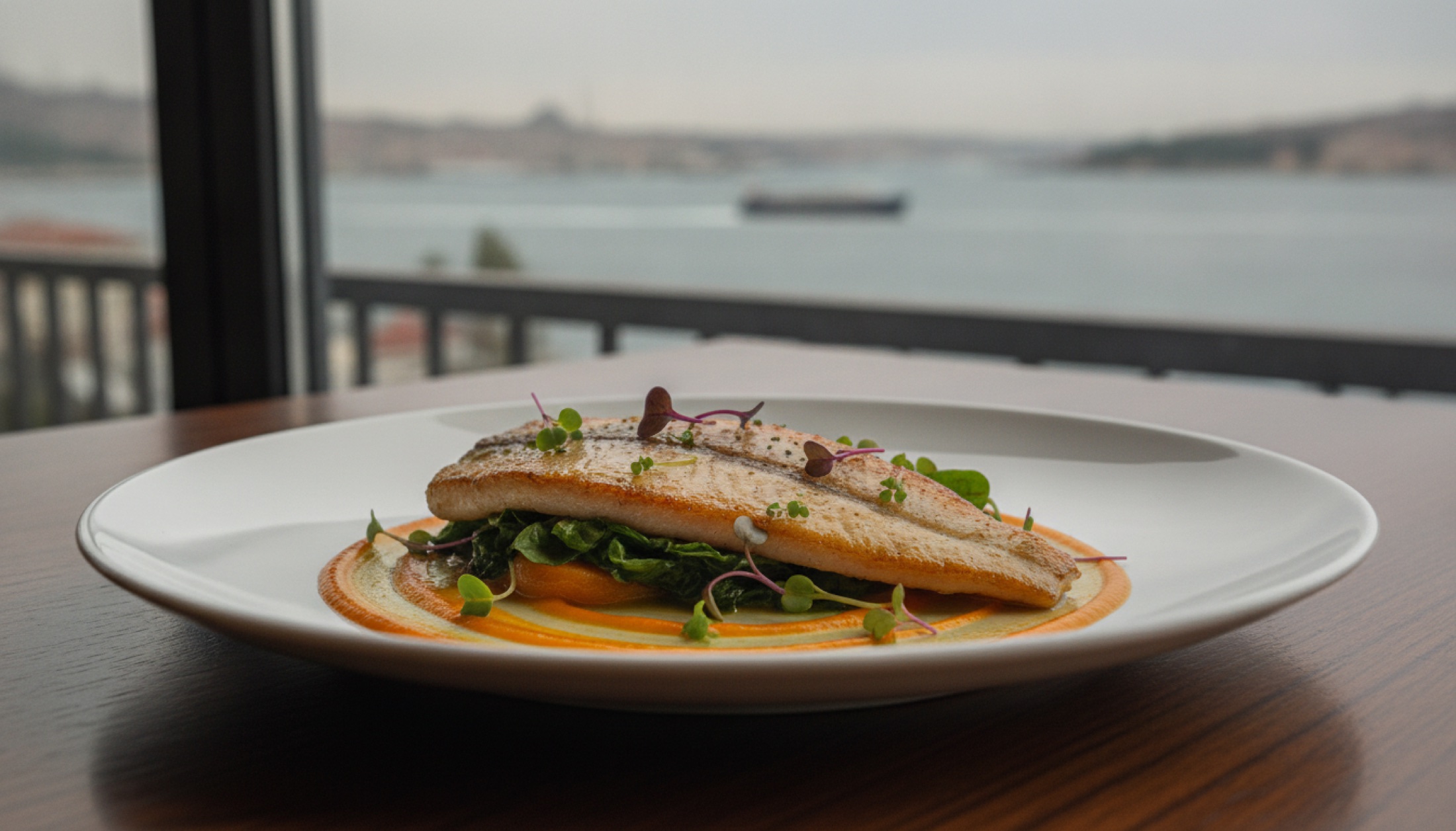 Lina Anatolian Kitchen'dan kuzukulağı ve kayısı soslu dil balığı, arka planda bulanık Boğaz manzarası, Karaköy