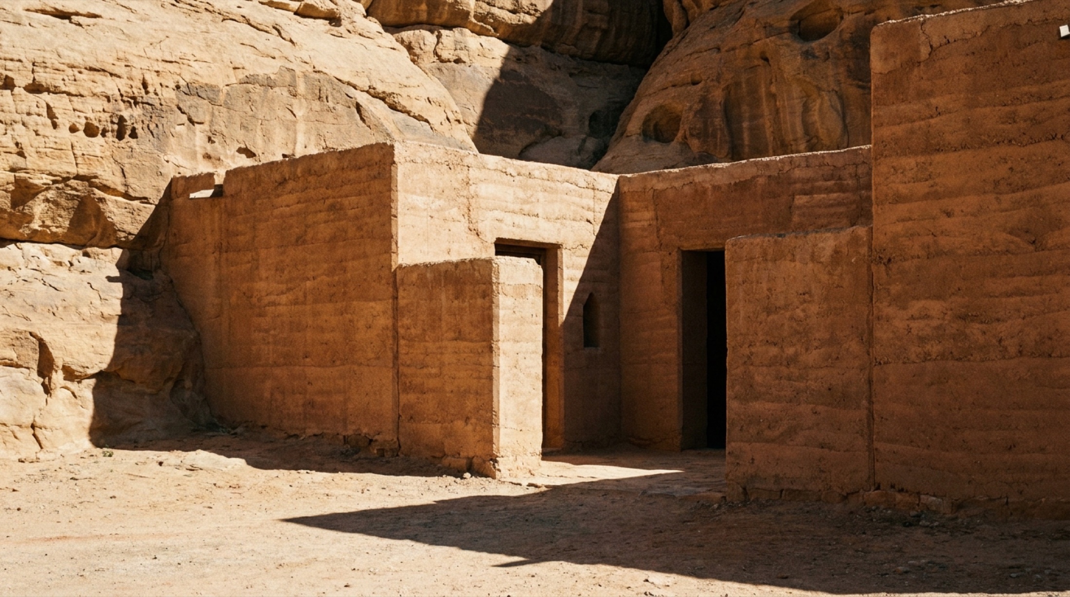 AlUla çölündeki rammed earth konut projesi: kızıl kaya ve kum dokusuyla bütünleşen kalın toprak duvarlar, sert gün ışığı ve çöl manzarası
