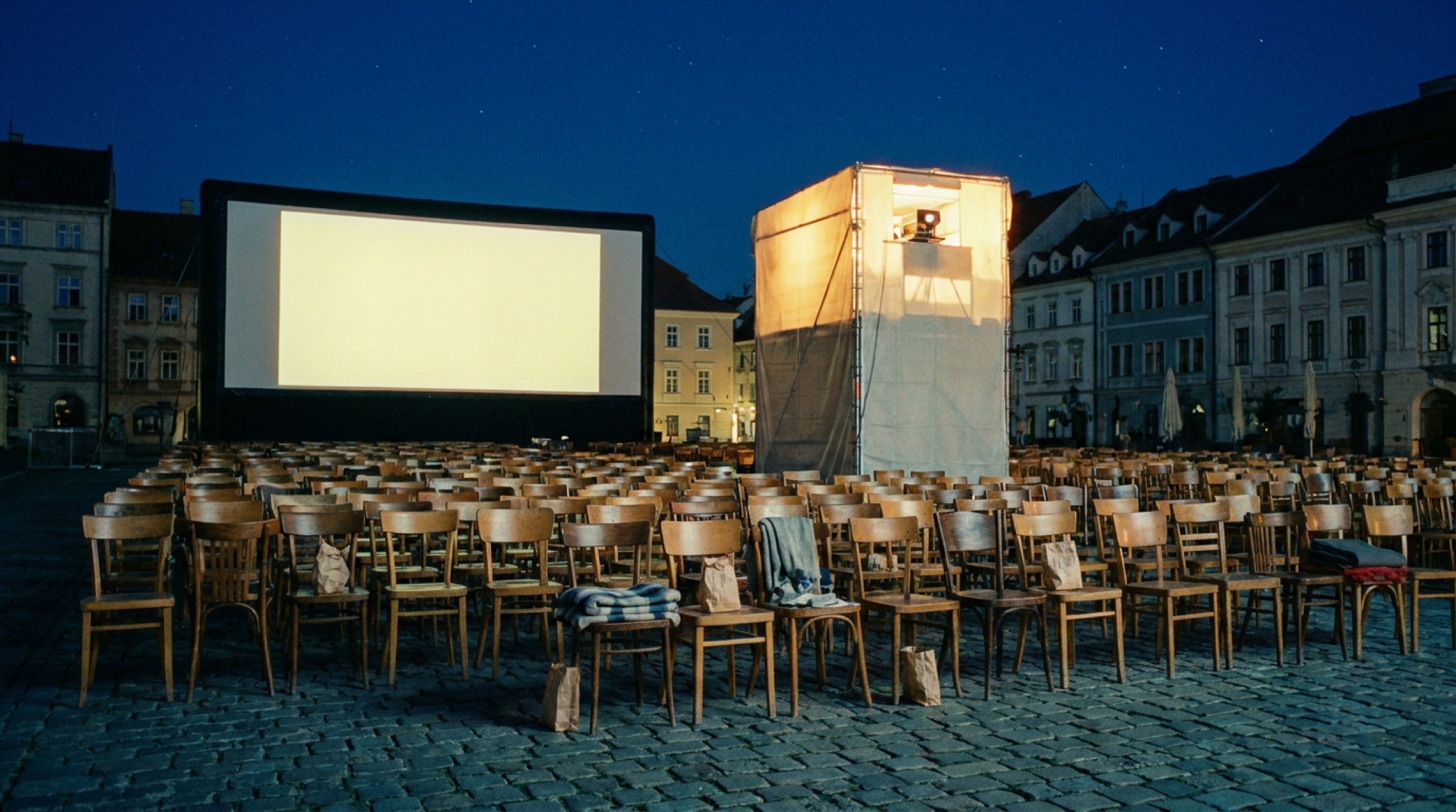Geceleri piazza grande'de açık hava sinema gösterimi atmosferi, yıldızlı gökyüzü ve projeksiyon ışığı