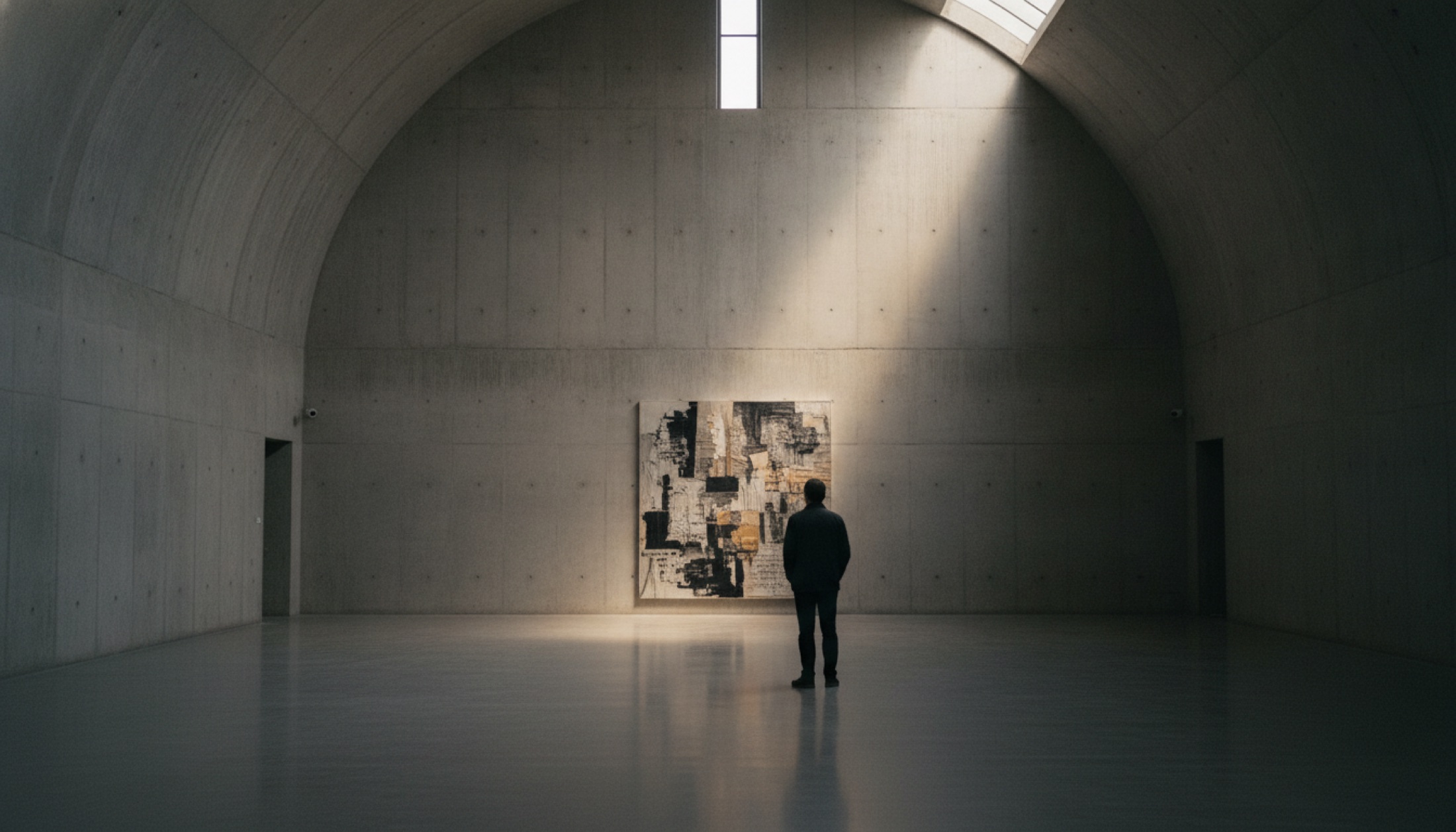 Tadao Ando'nun beton salonunu andıran boş bir sergi mekânı; uzakta büyük formatlı, katmanlı bir tuval ve sırtı dönük tek bir izleyici.