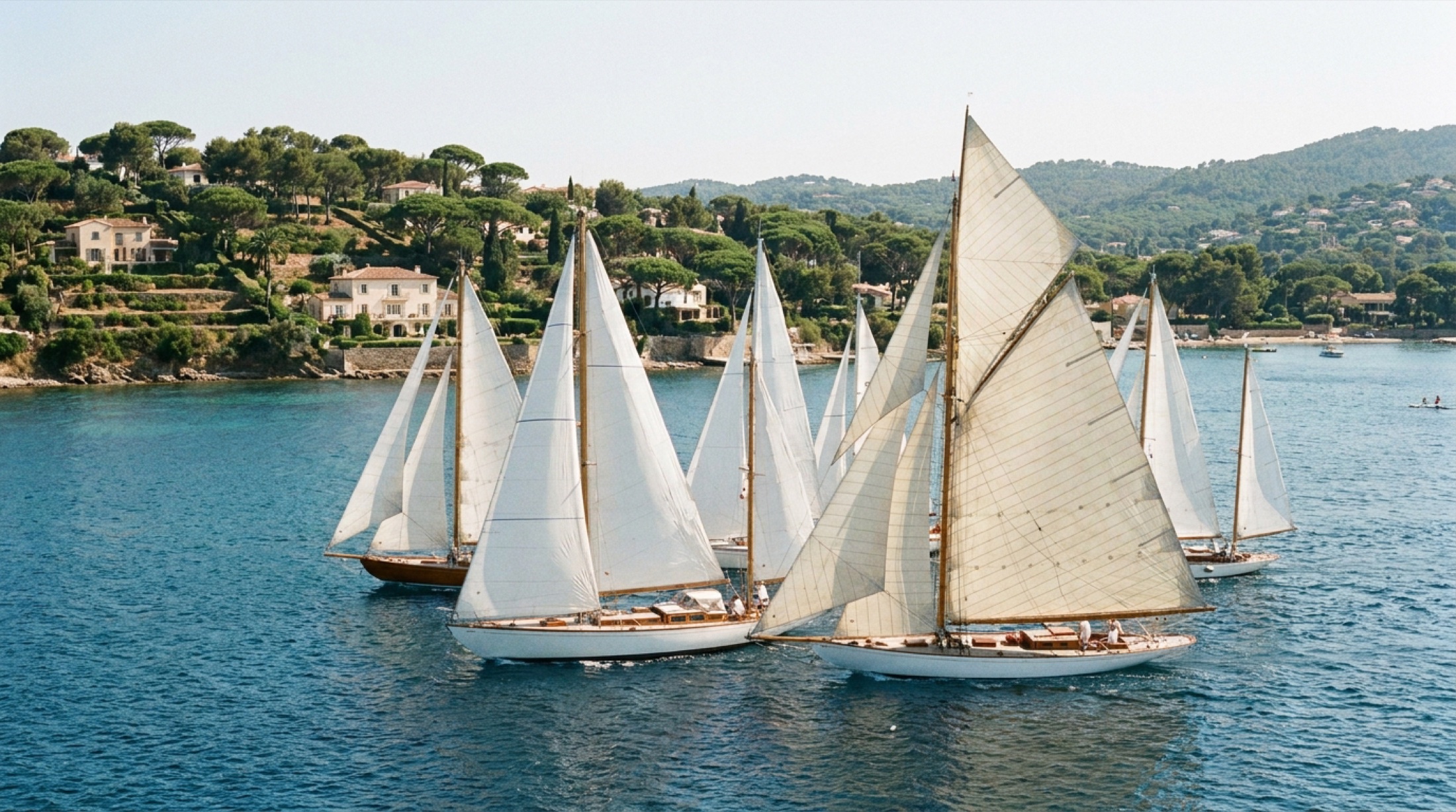 Yarış yelkenlileri Saint-Tropez körfezinde kıyı yarışı formatında, Fransız Rivierası arka planda