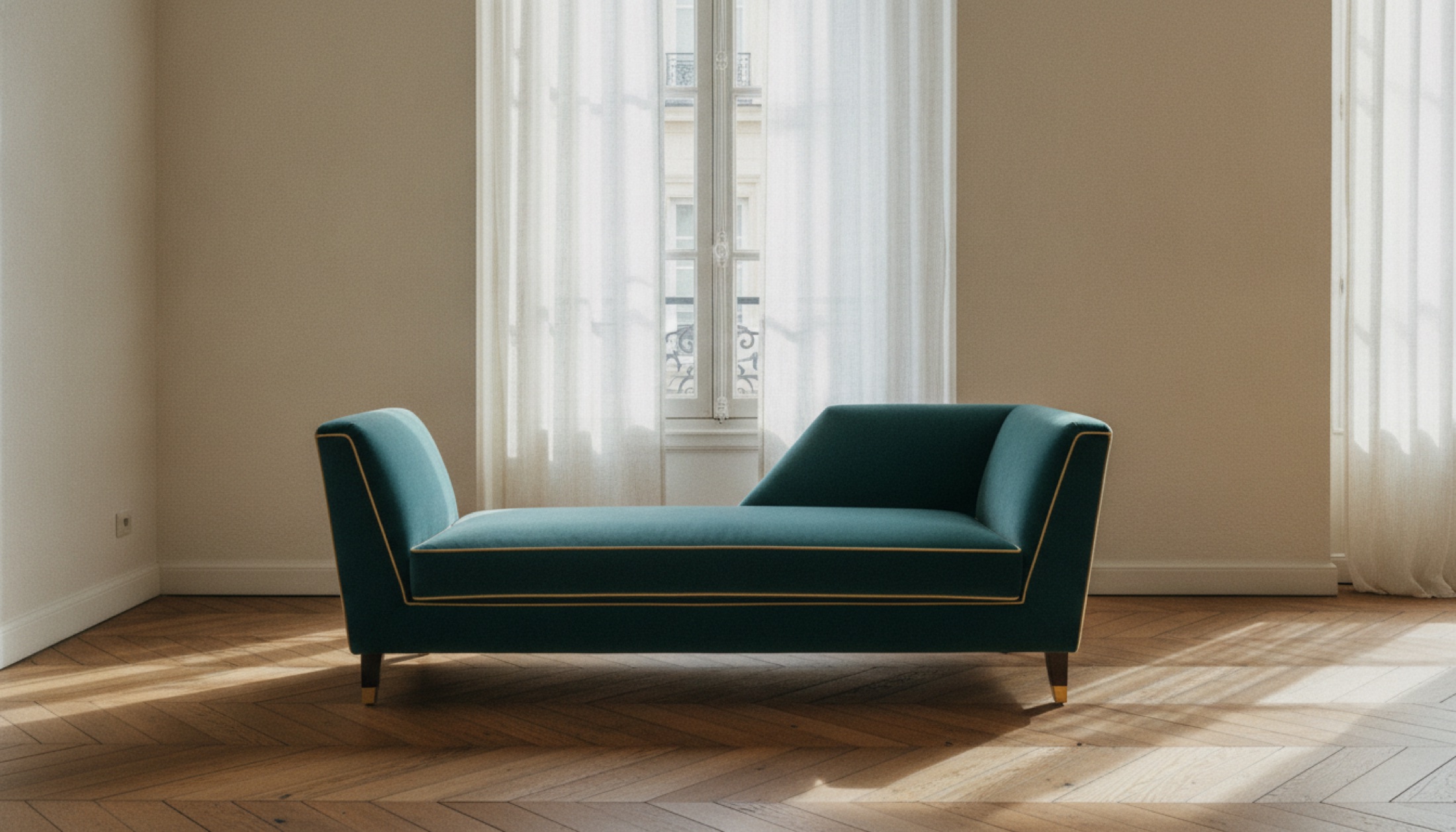 Maison Leleu Classiques Modernes koleksiyonundan Art Deco şezlong, Dedar kumaş kaplama, Paris galerisi