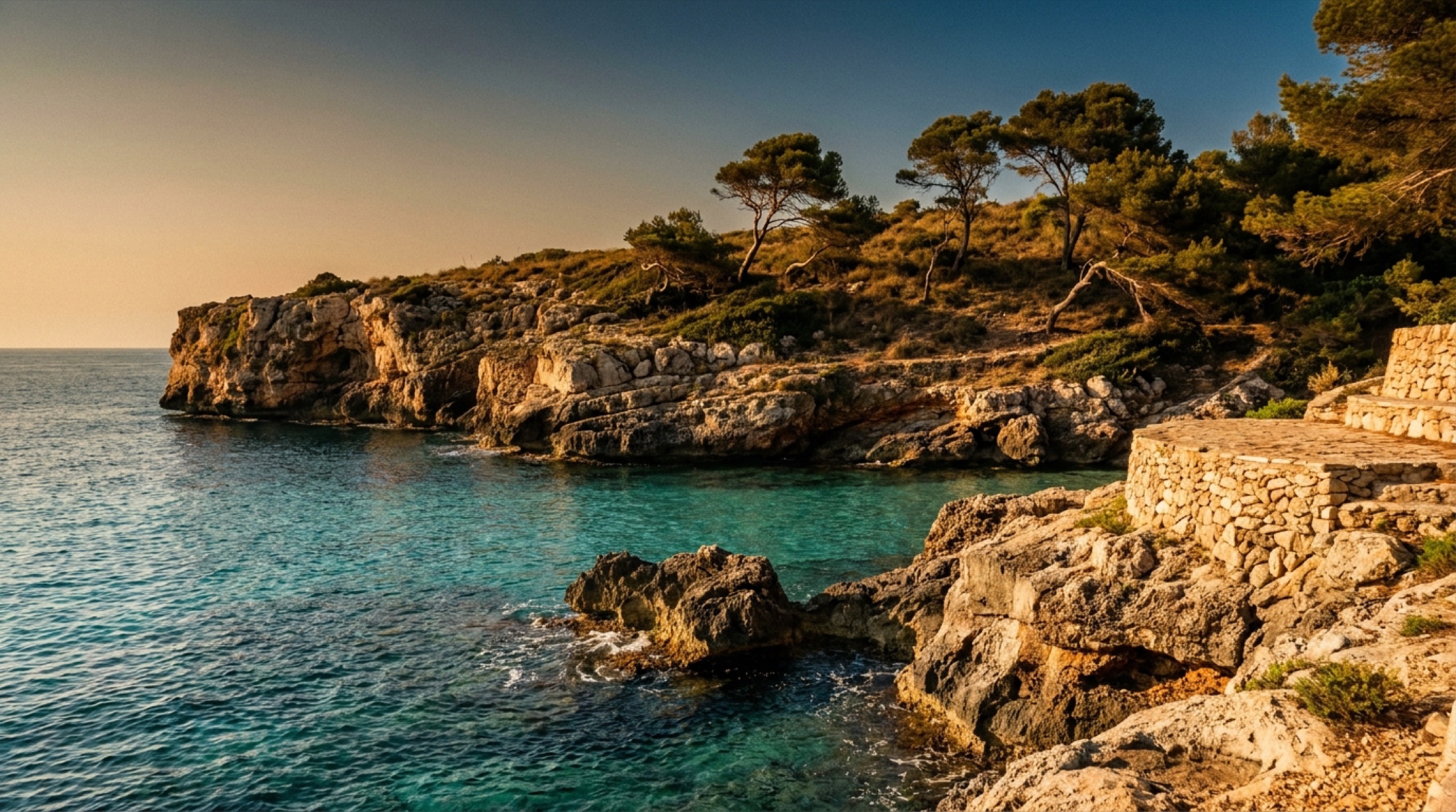 Mallorca'nın Calvià kıyısında koy manzarası: turkuaz deniz, kireçtaşı kayalık ve çam ağaçları, altın saat ışığı