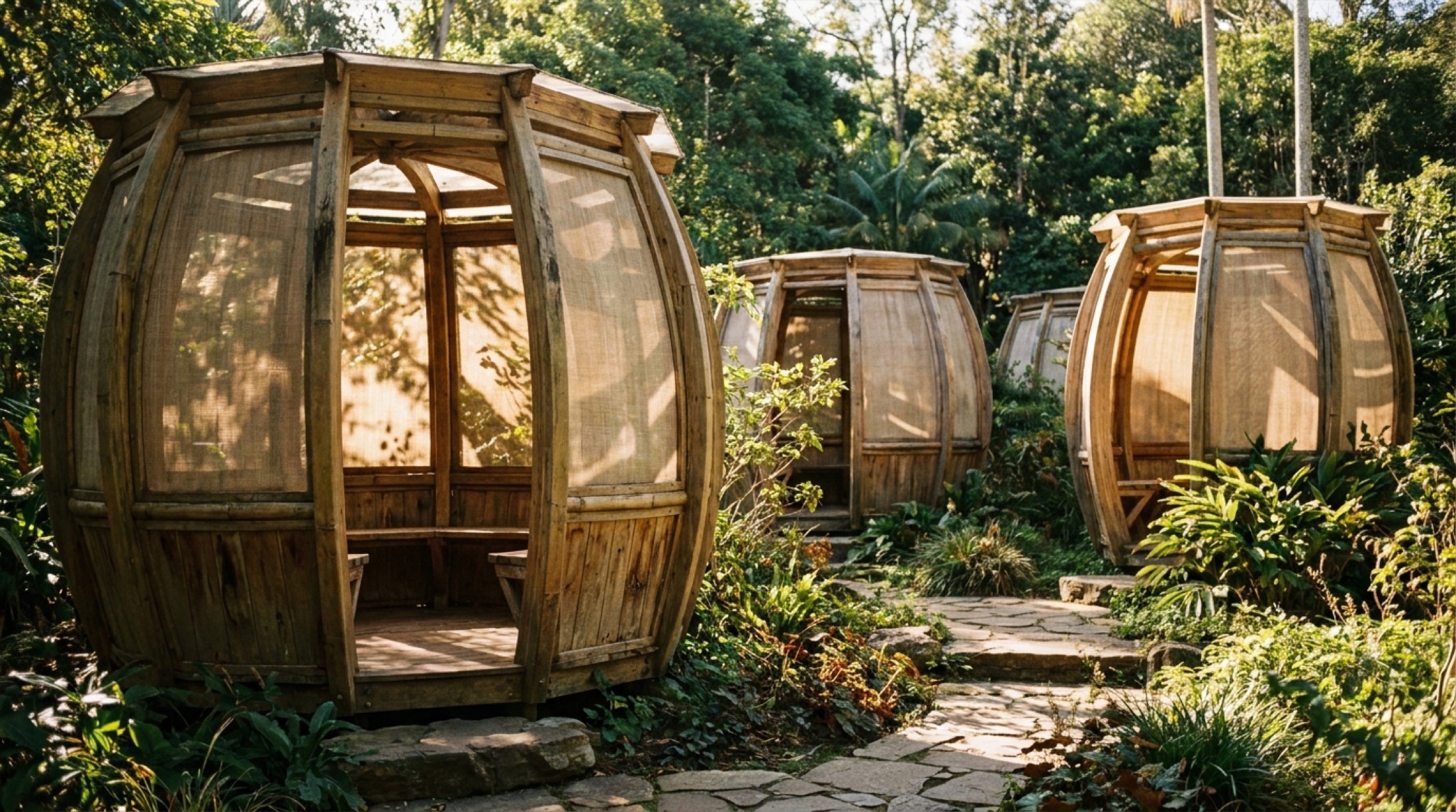 Serpentine Pavilion 2025 'A Capsule in Time': Bengal geleneğinden ilham alan dört ahşap kapsül yapı, Kensington Gardens'ta doğal ışık altında