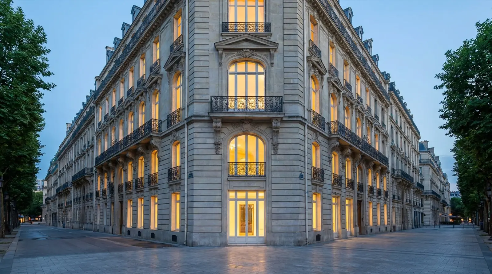Champs-Élysées'de 1898 yapımı bir Haussmann binasının cephesi, alacakaranlıkta yumuşak ışıkla