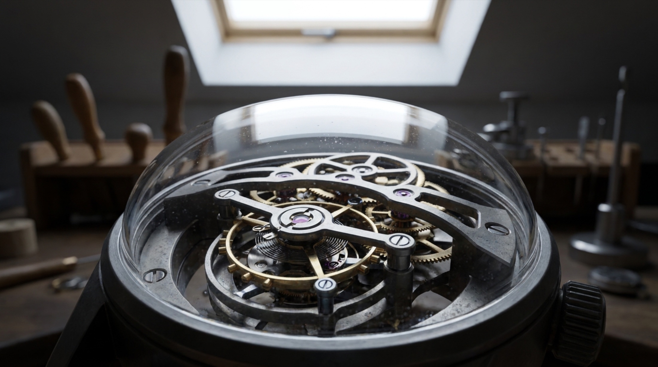 MB&F HM12 Guardian'ın safir kristal arkasından görünen flying tourbillon mekanizması