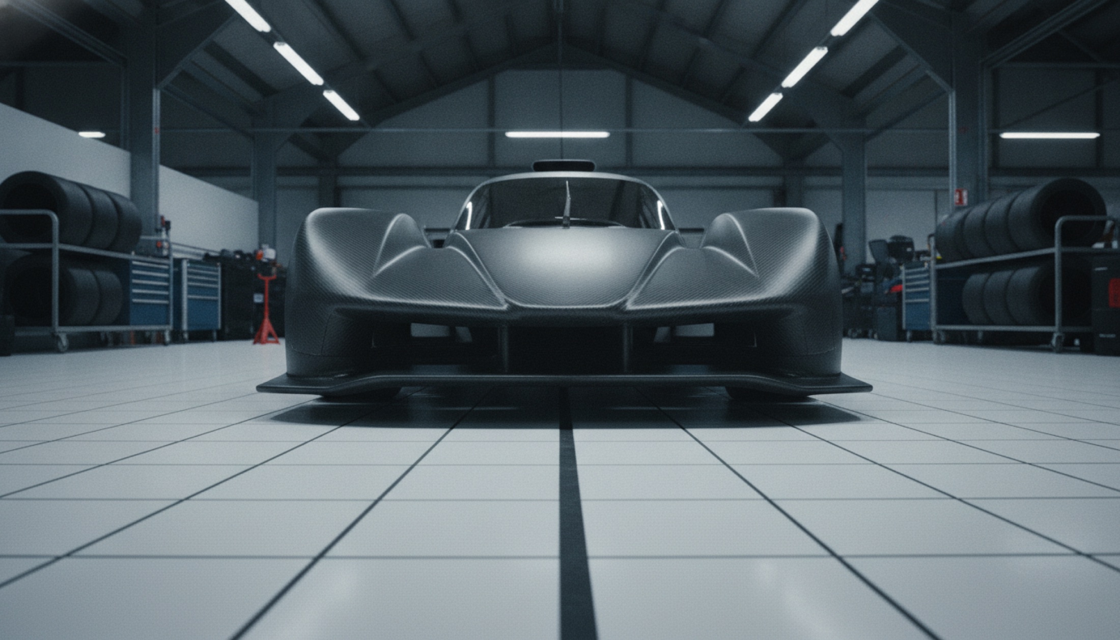 Bir WEC hypercar prototipinin garaj içinde düşük açıdan çekilmiş karanlık atmosferli fotoğrafı