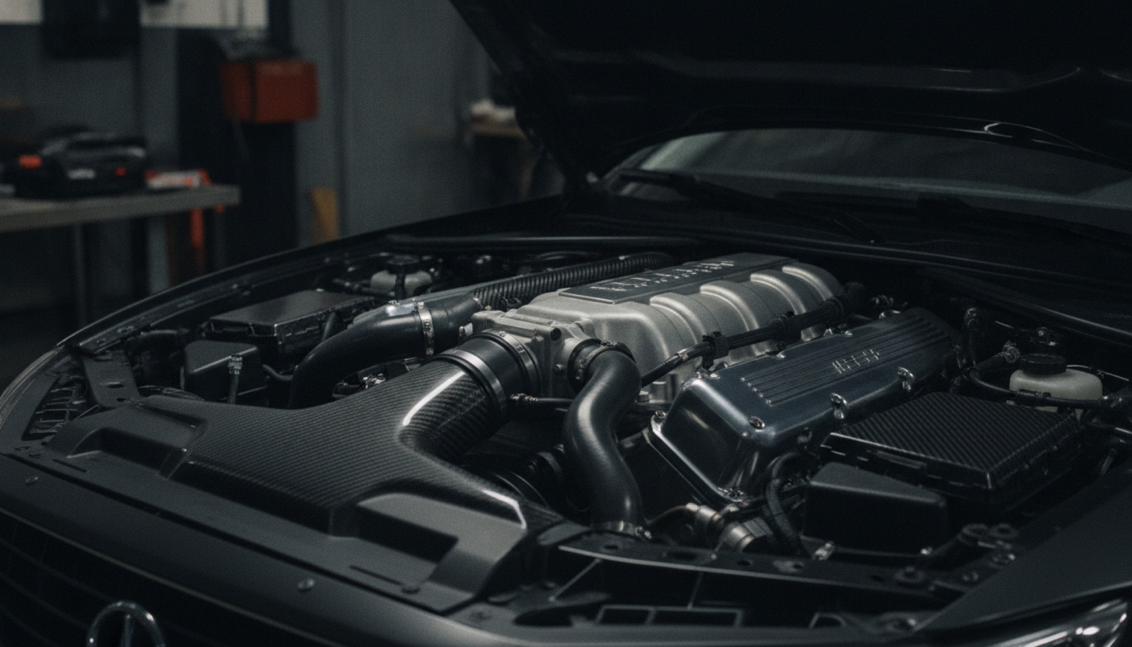 Karbon fiber bileşenli yüksek performanslı hibrit V8 motorunun yakın plan makro fotoğrafı, sanayi aydınlatması altında motor bloğu detayları görünüyor.