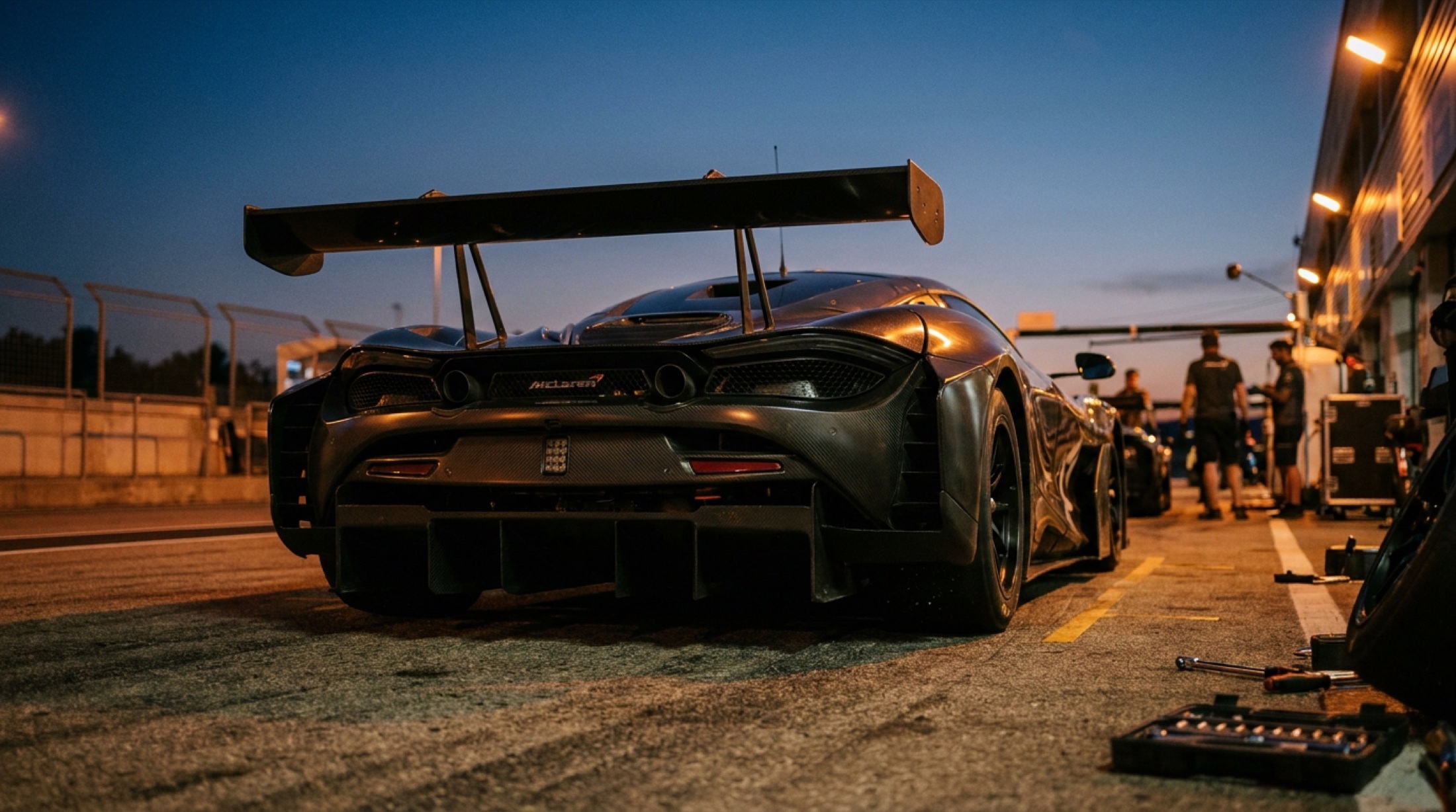 McLaren W1 aktif aerodinamik kanat açık halde, pist paddock'ında