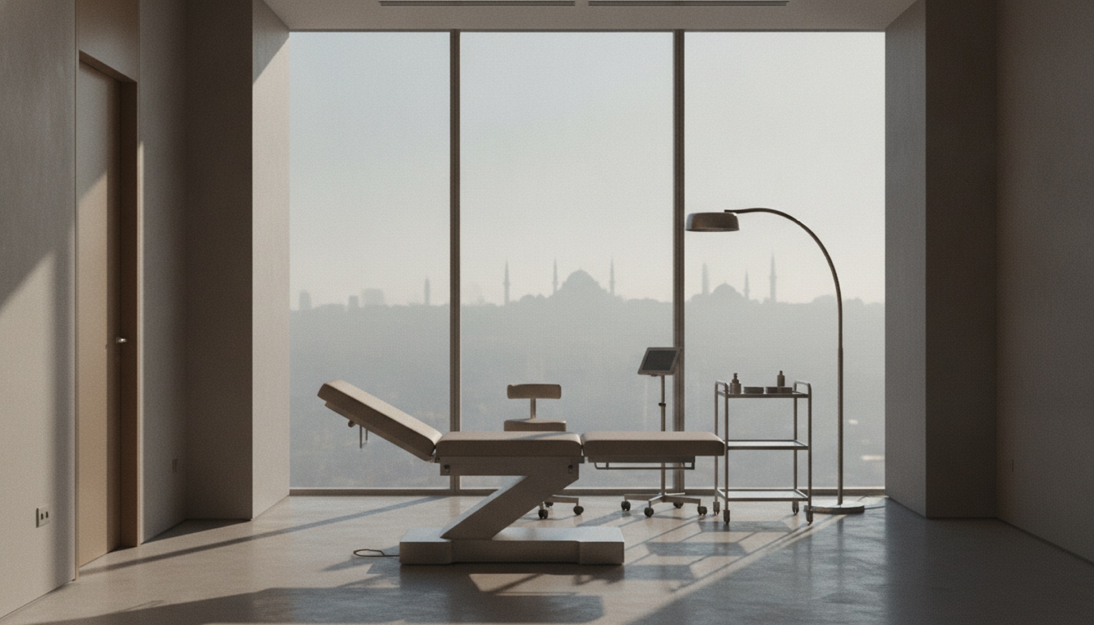 Modern longevity klinik iç mekanı, İstanbul silueti pencereden görünüyor