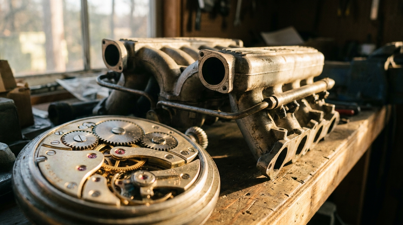 Mekanik bir saat kadranı ve V12 motor detayı, analog çağın son temsilcileri
