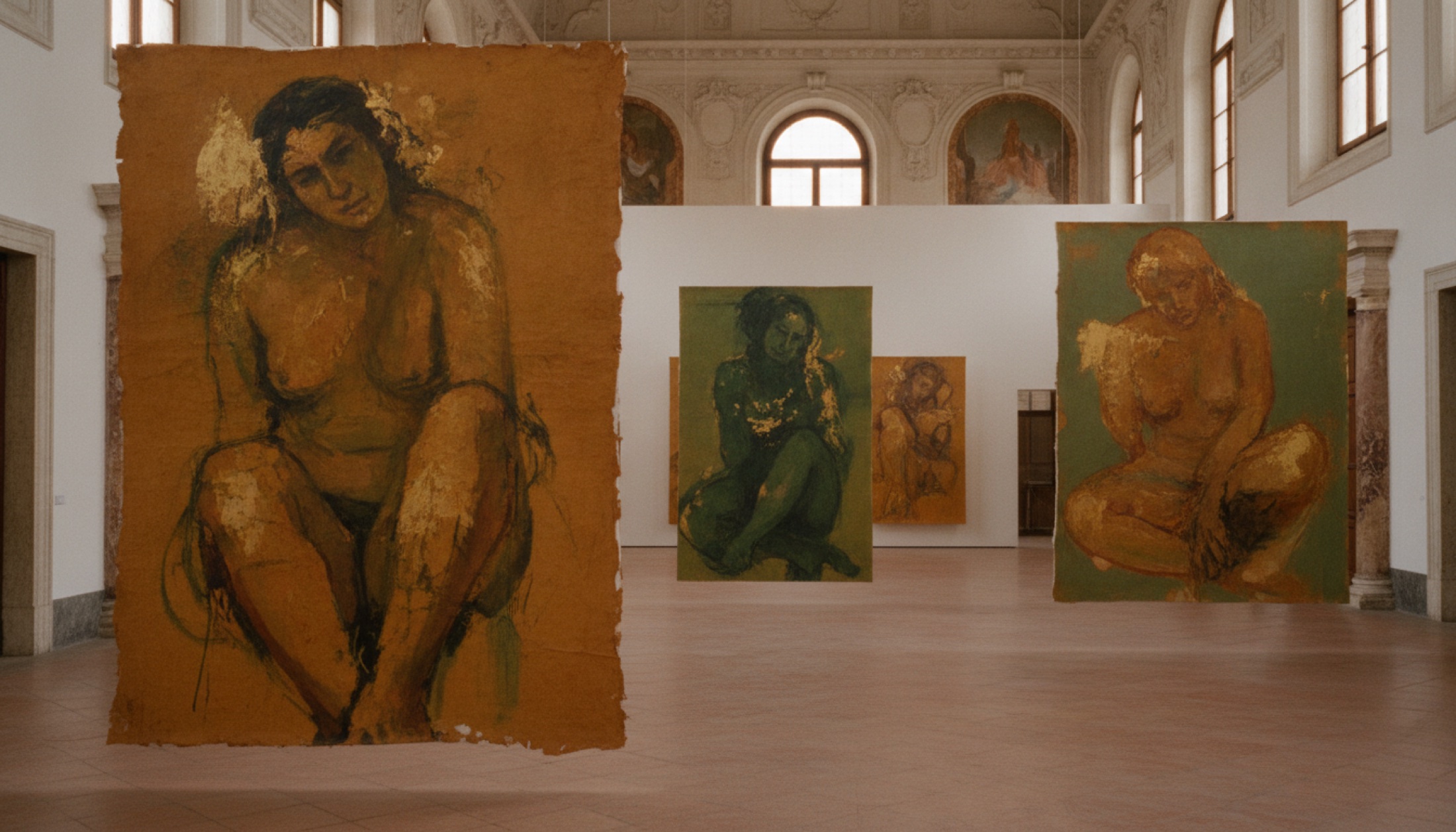 Palazzo Grassi'nin geniş, doğal ışıklı galerisinde büyük formatlı çağdaş resimler