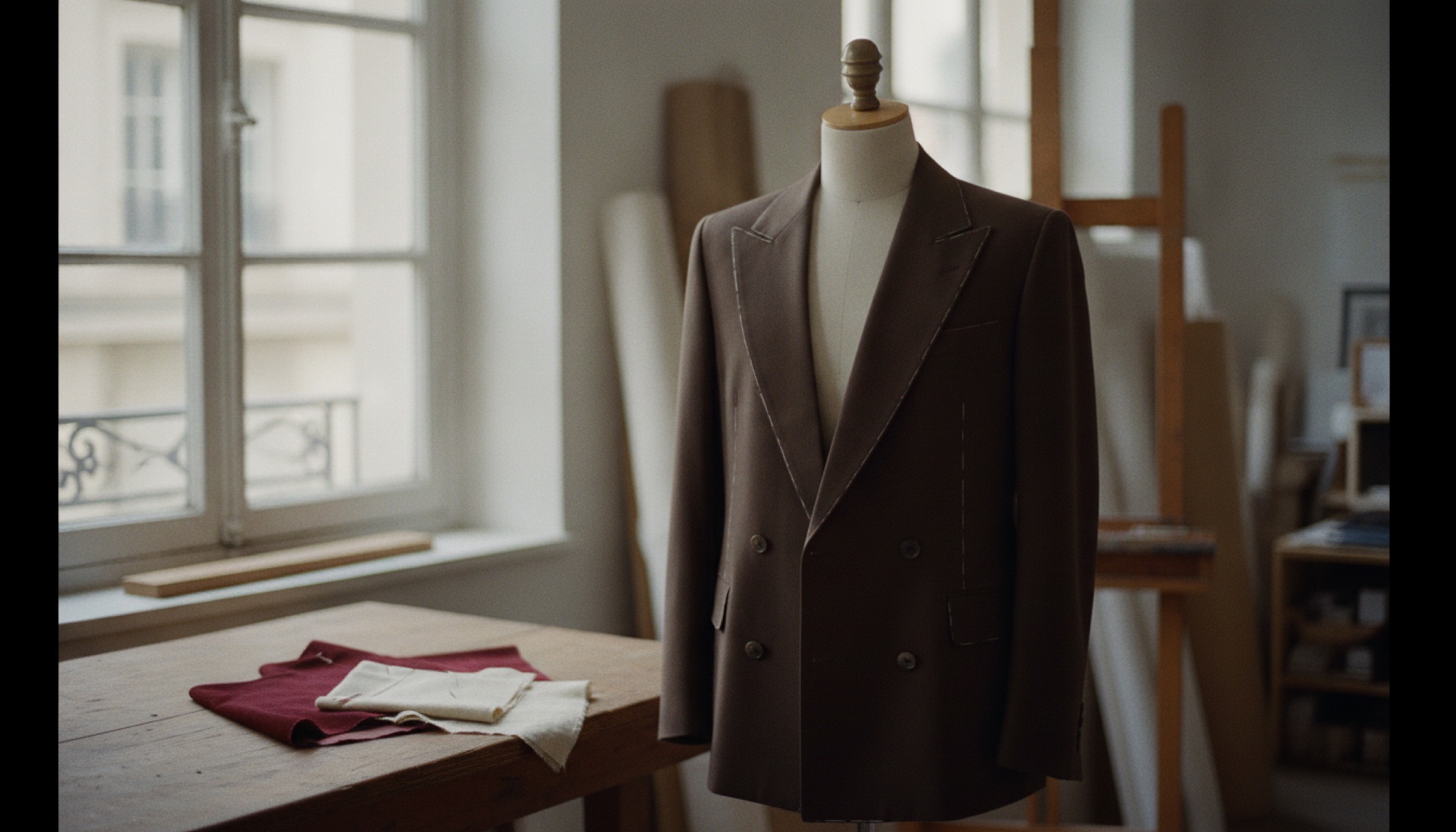 Koyu çikolata rengi double-breasted blazer, Paris atölyesinde manken üzerinde tebeşir işaretleriyle