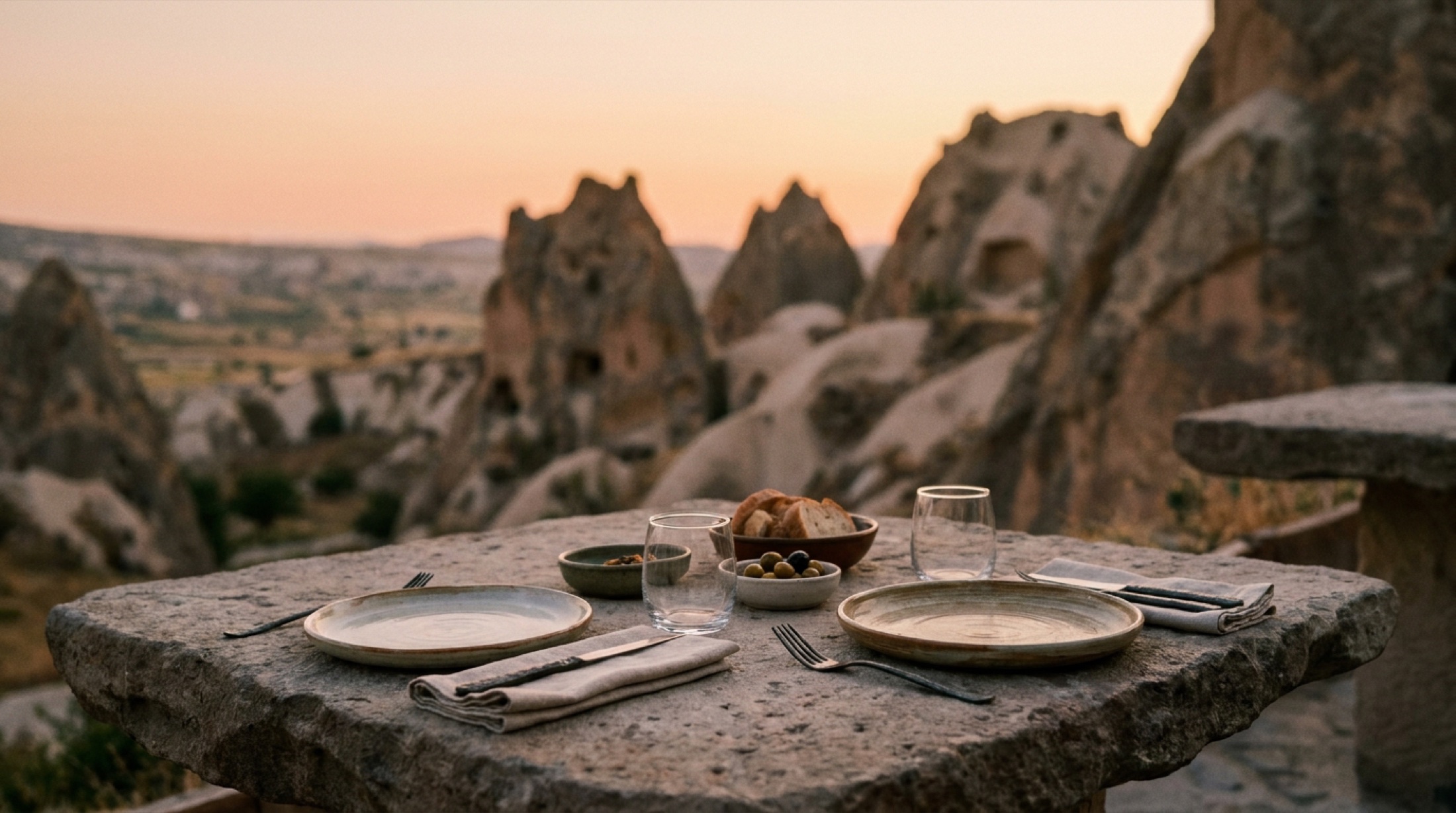Kapadokya'da volkanik tüf kayalıklarının arasında bir restoran masası, gün batımı ışığında