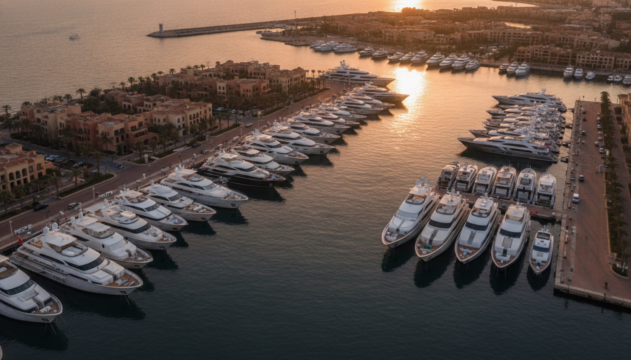 Monaco limanında demirlemiş superyatlar, akşam ışığında Akdeniz marinası