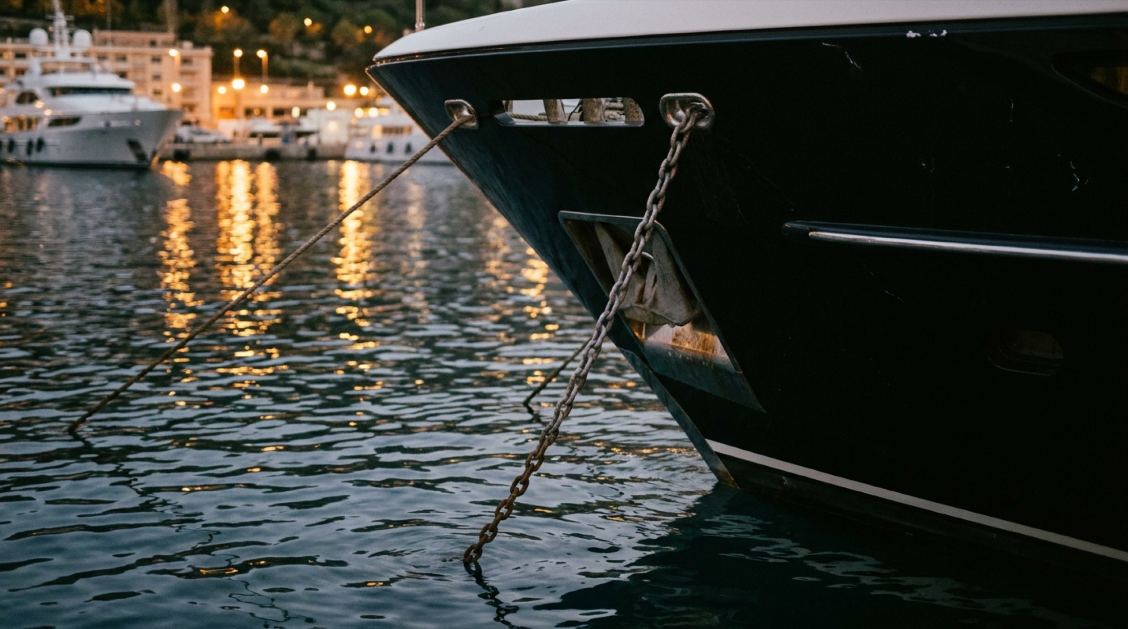Monaco limanında alacakaranlıkta süper yat baş bölümü ve zincir