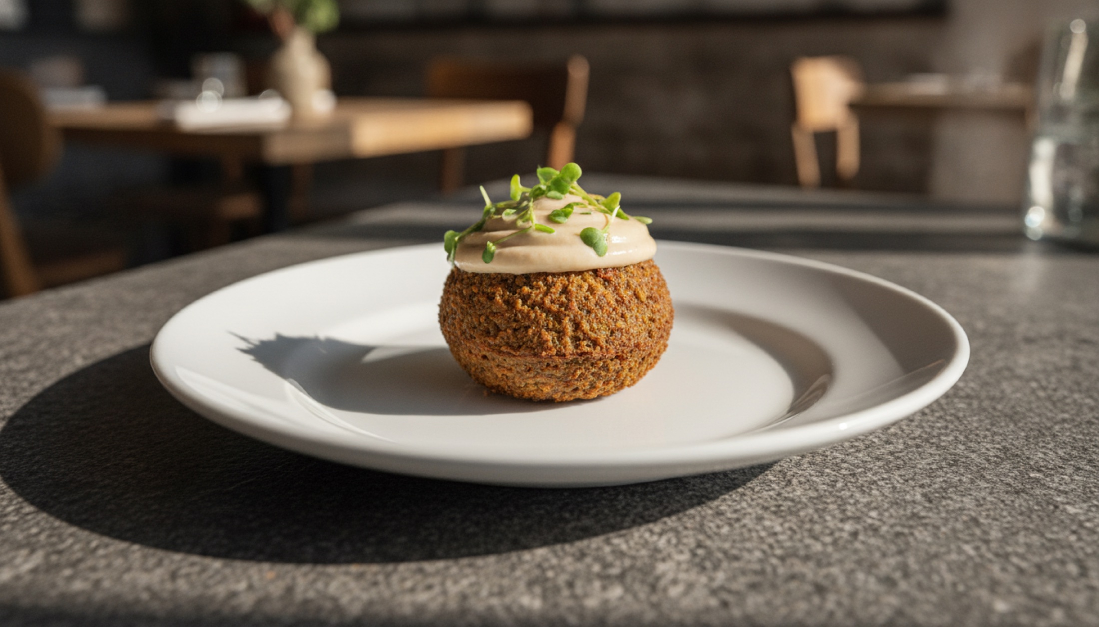 Beyaz porselen tabakta tek bir altın renkli falafel, tahini ve taze otlarla