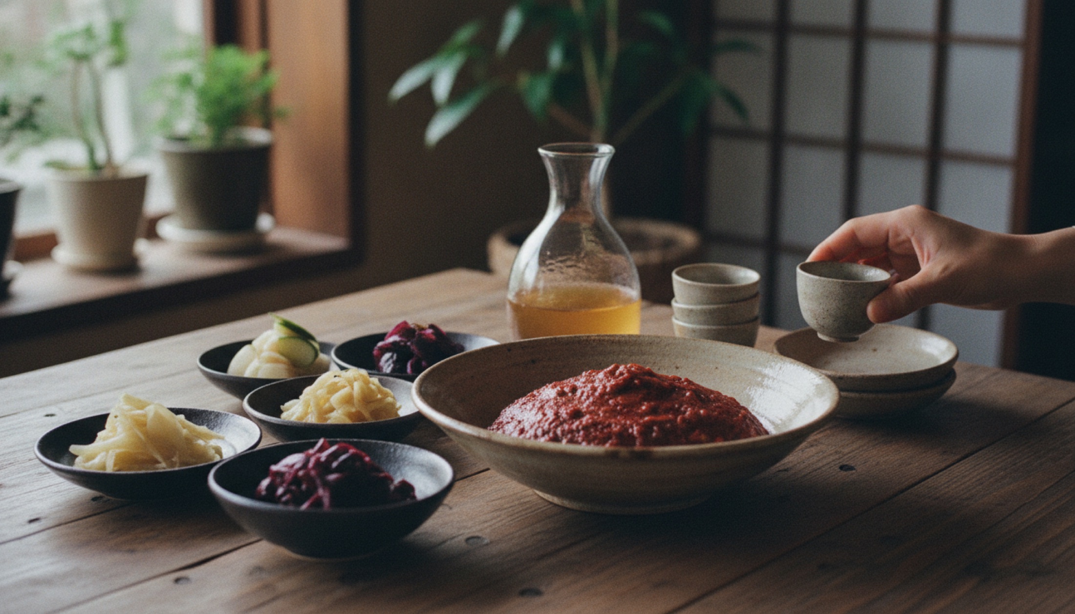 Japon kaiseki servisinde fermente çeşniler ve küçük seramik kaselerle sunulan minimal yemek tabağı.