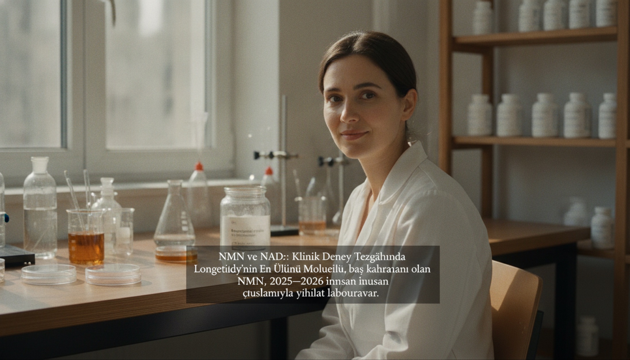 Cam pipet ve amber renkli küçük şişe, yanında şeffaf kapsüller — laboratuvar masasında makro çekim.