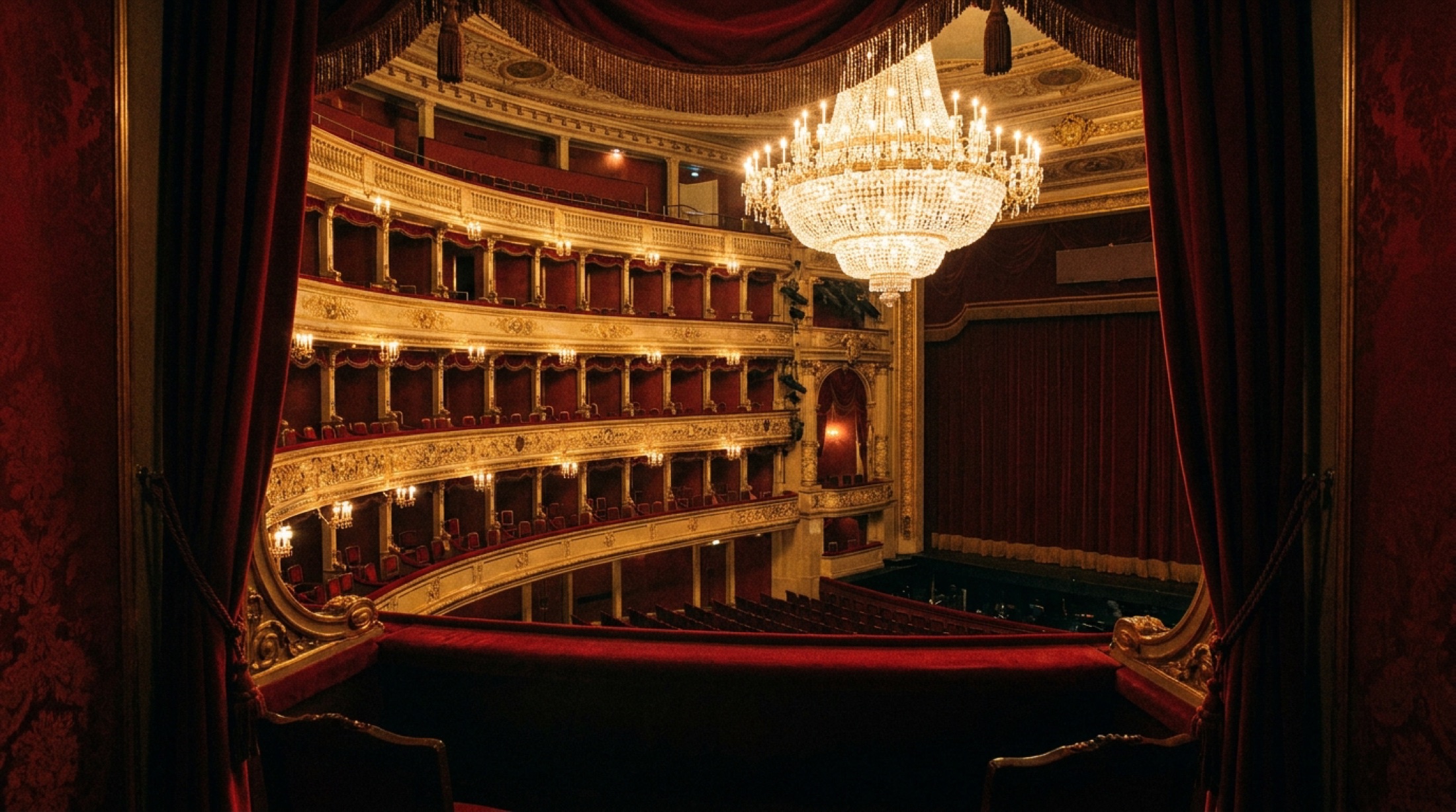 Görkemli bir opera salonunda kadife localar ve avize, loş ışık