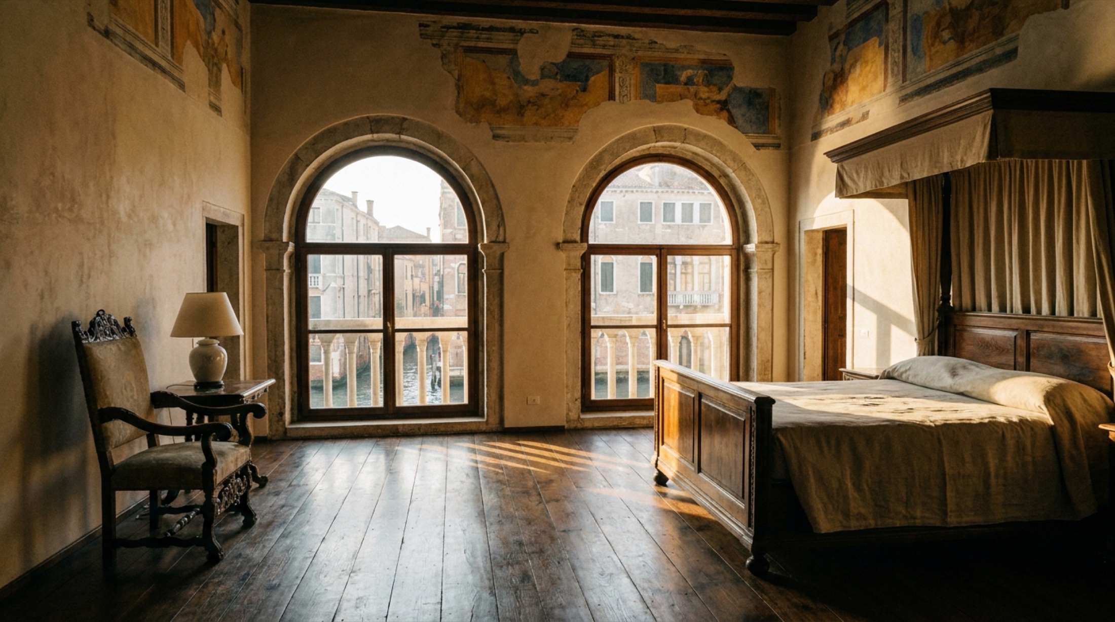 Palazzo Donà Giovannelli'nin restore edilmiş iç mekânı, Rio di Noale kanalına bakan kemer penceresi ve fresk tavanlı tavan