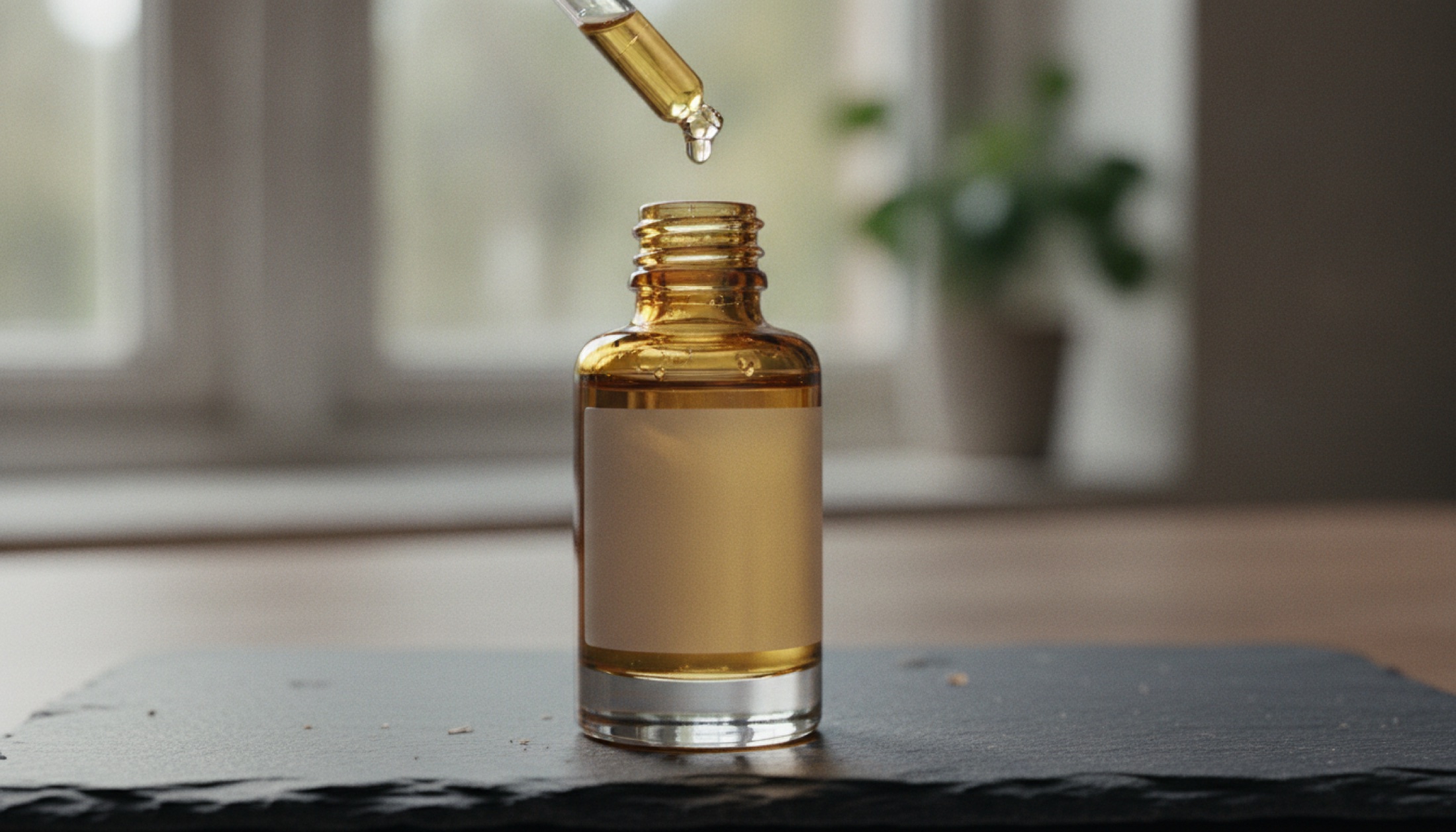Koyu bir arduvaz zemin üzerinde koyu amber serum şişesi, damlalıktan sarkan tek bir damla