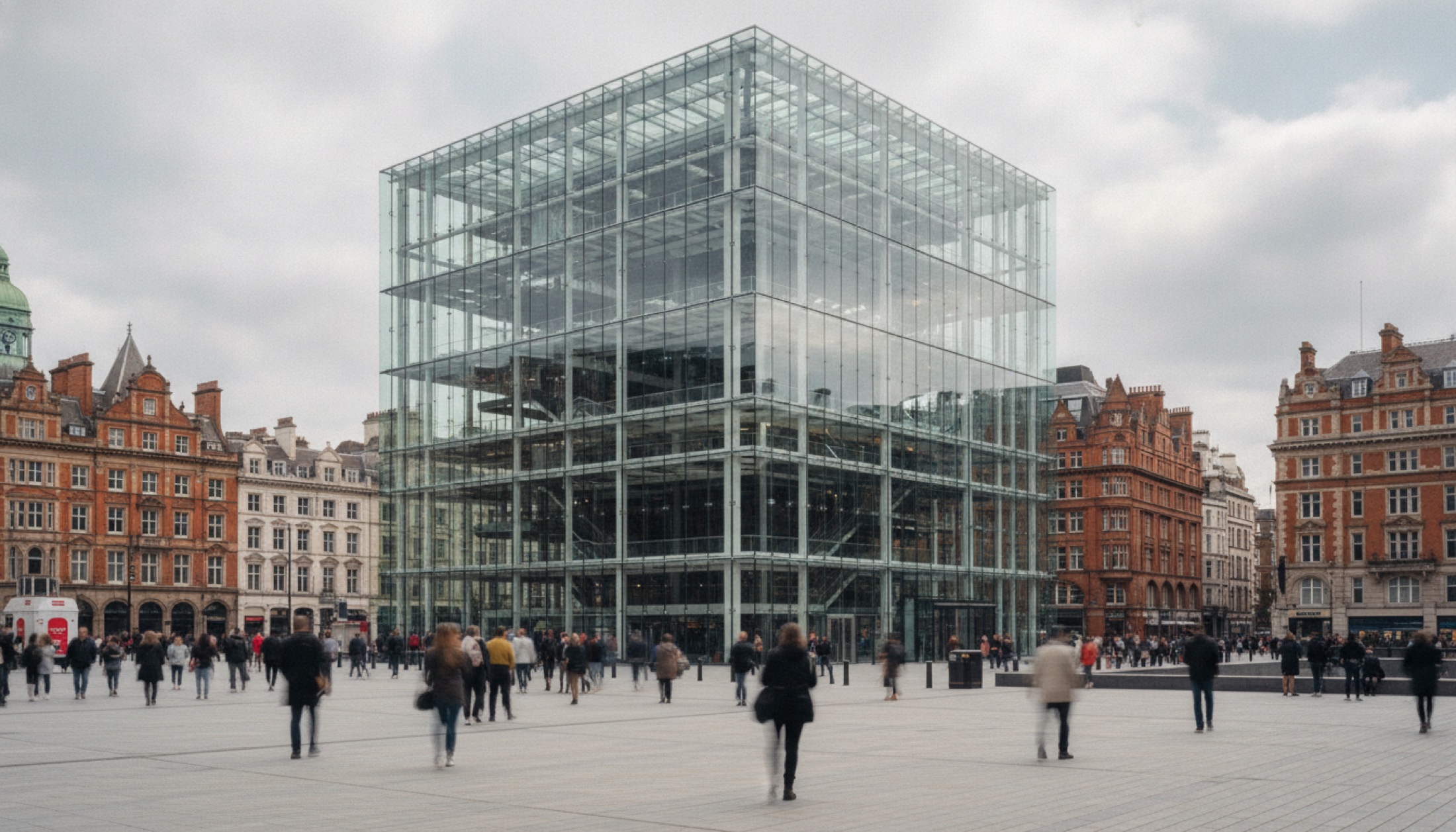 Paddington Square'in çelik-cam küp cephesi ve zemin katındaki açık meydan