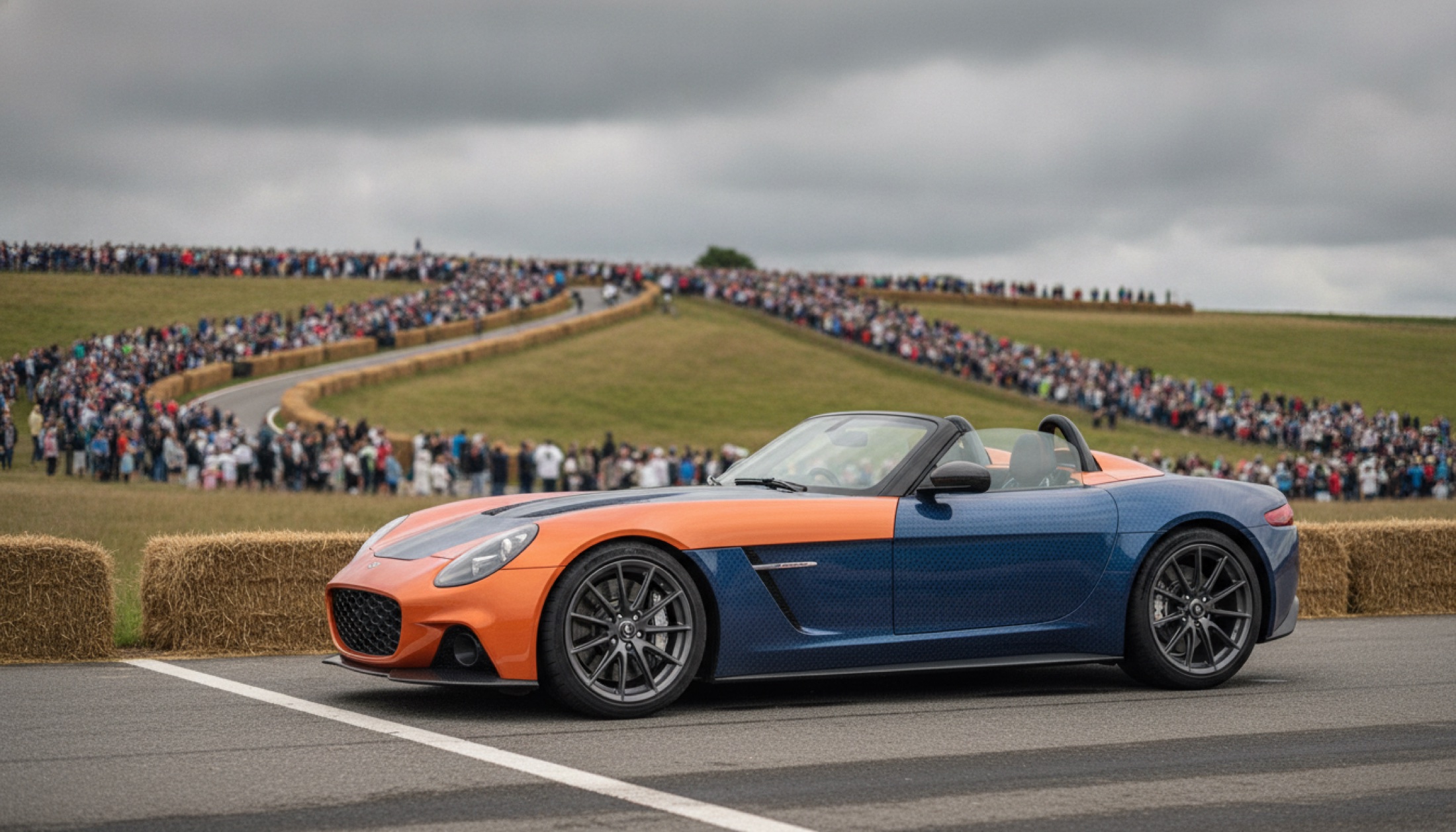 Goodwood tepesinde Pearl Orange ve şeffaf mavi karbonuyla duran Pagani Huayra 70 Derecho roadster