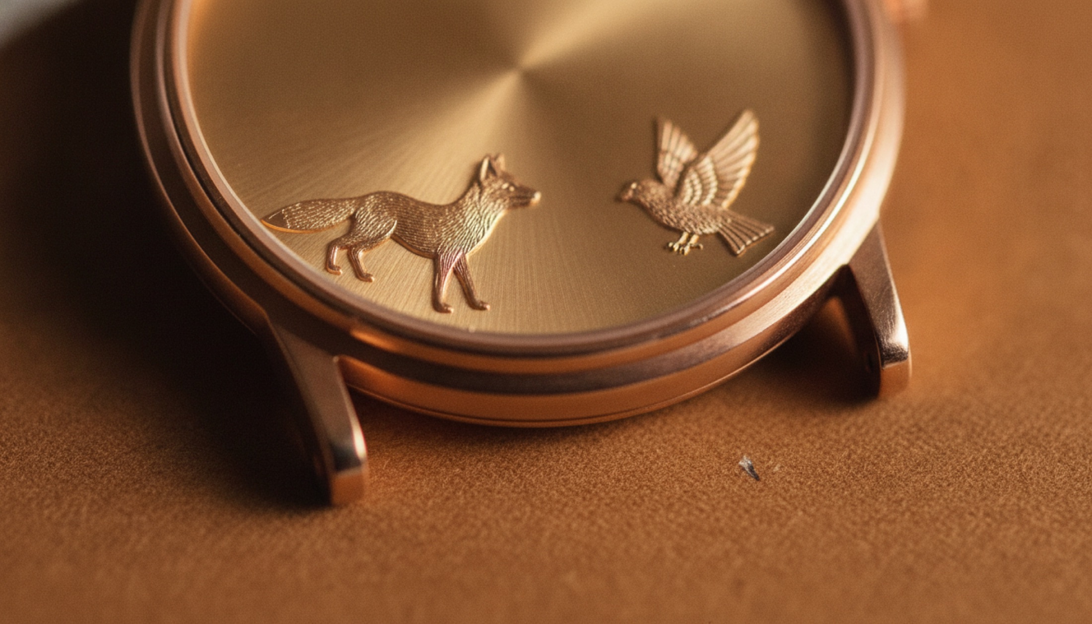 Patek Philippe otomaton saat kadranında el gravürlü tilki ve karga figürleri detayı, rose gold yüzey