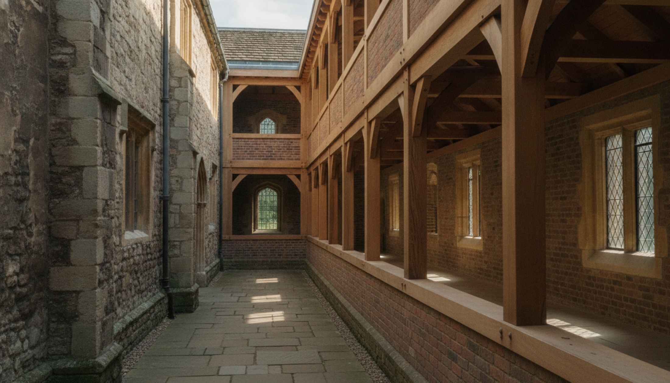 Cambridge'deki Pembroke Mill Lane projesinde ahşap revaklı iç avlu, eski taş duvar ile yeni meşe çerçeveli yapı