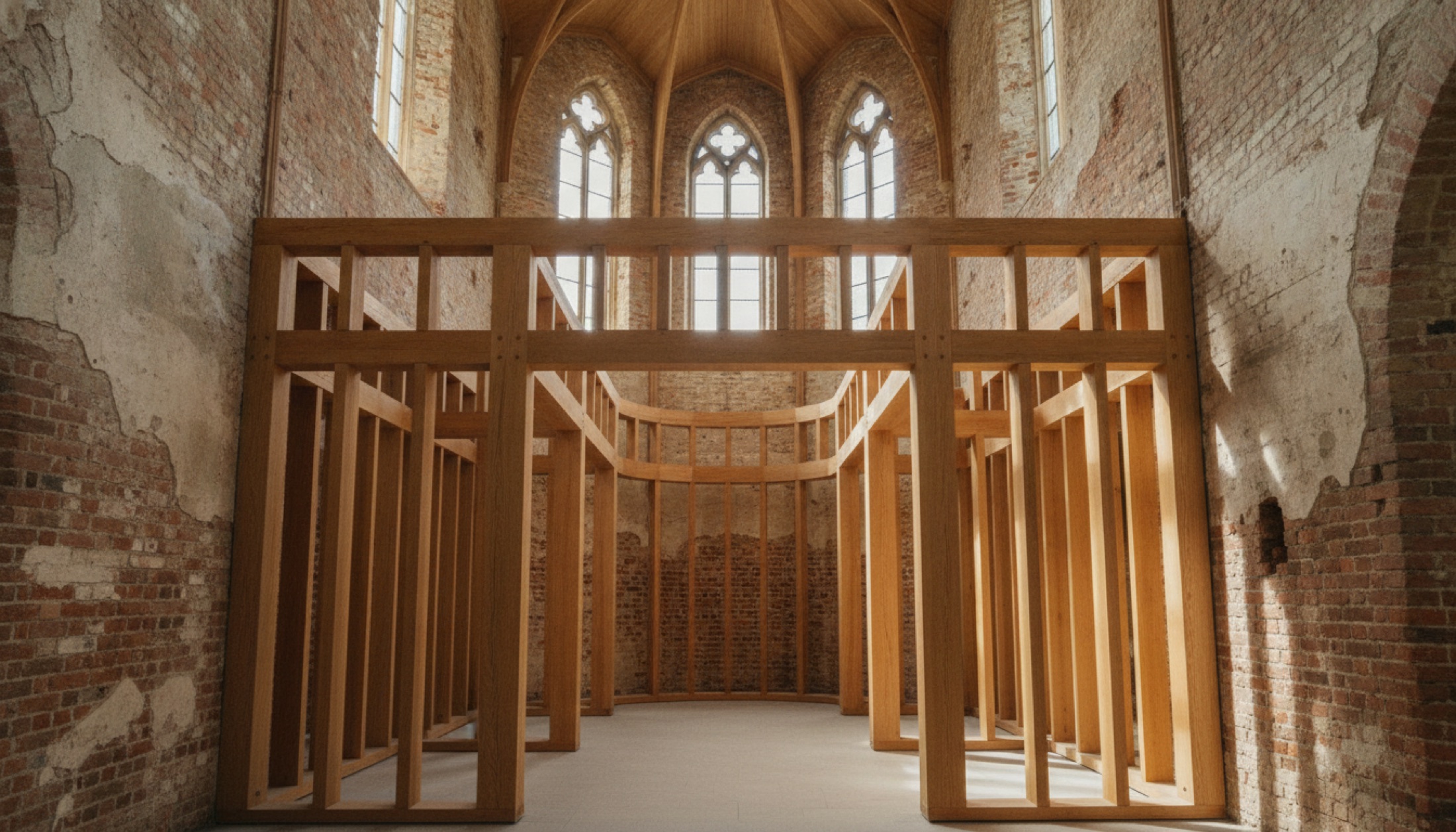 Pembroke Mill Lane'de dönüştürülmüş kilise içi: orijinal tuğla ve yeni meşe glulam çerçeve yan yana