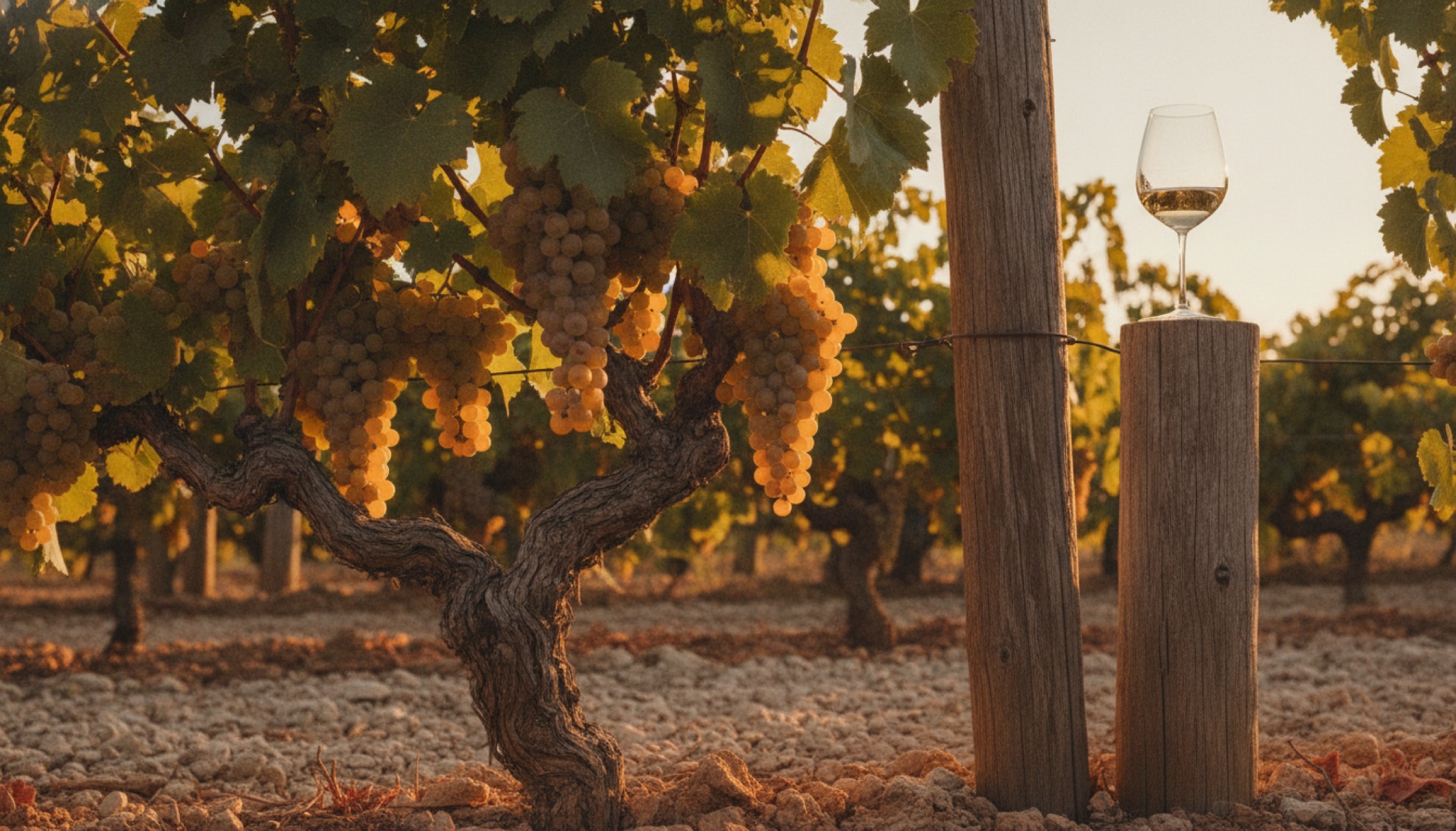 Penedès bağlarında güneş ışığında olgunlaşan Chardonnay üzüm salkımları ve arka planda soluk altın renginde bir şarap kadehi