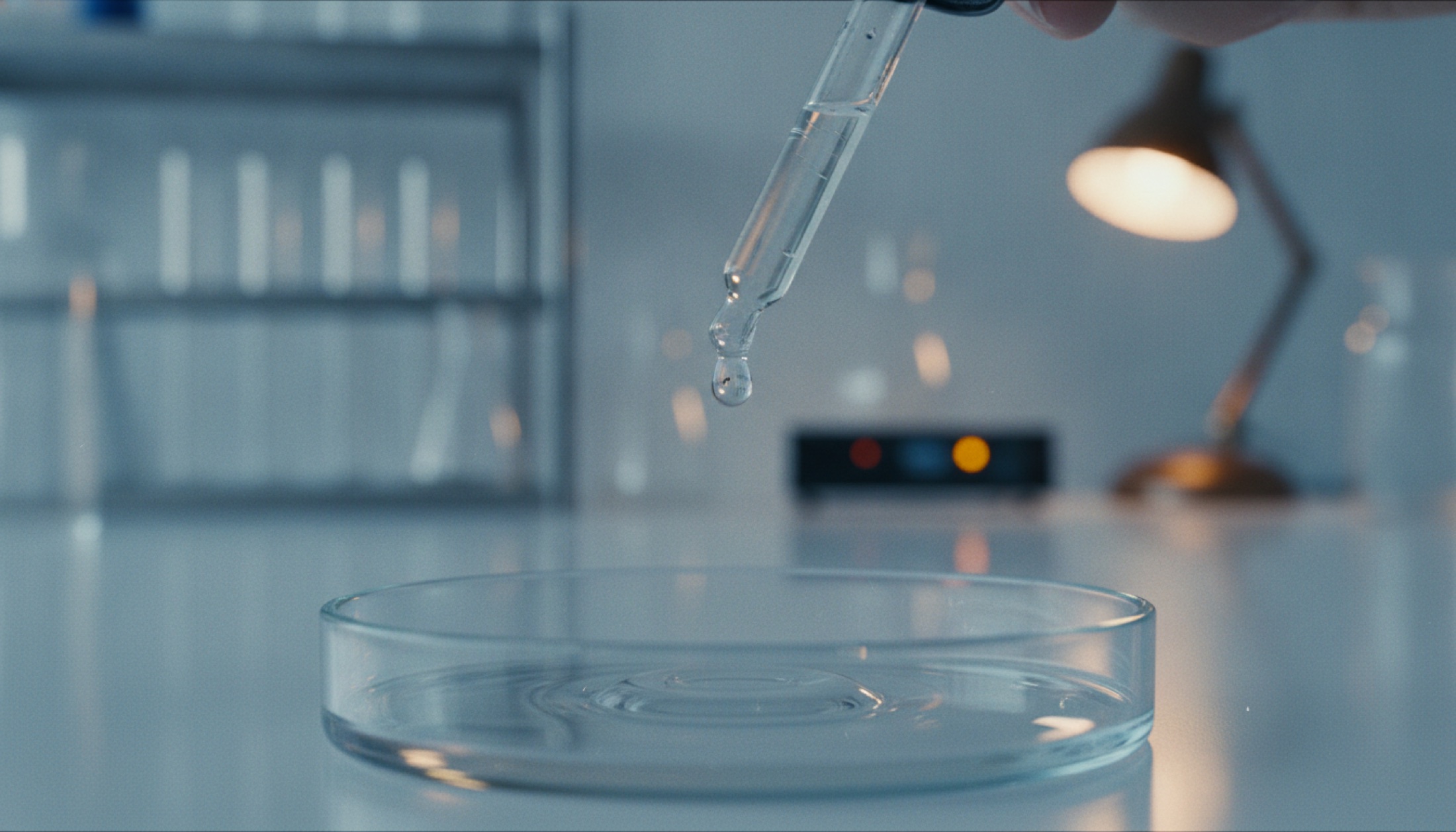Bir cam damlalıktan petri kabına düşen serum damlası, laboratuvar ortamı