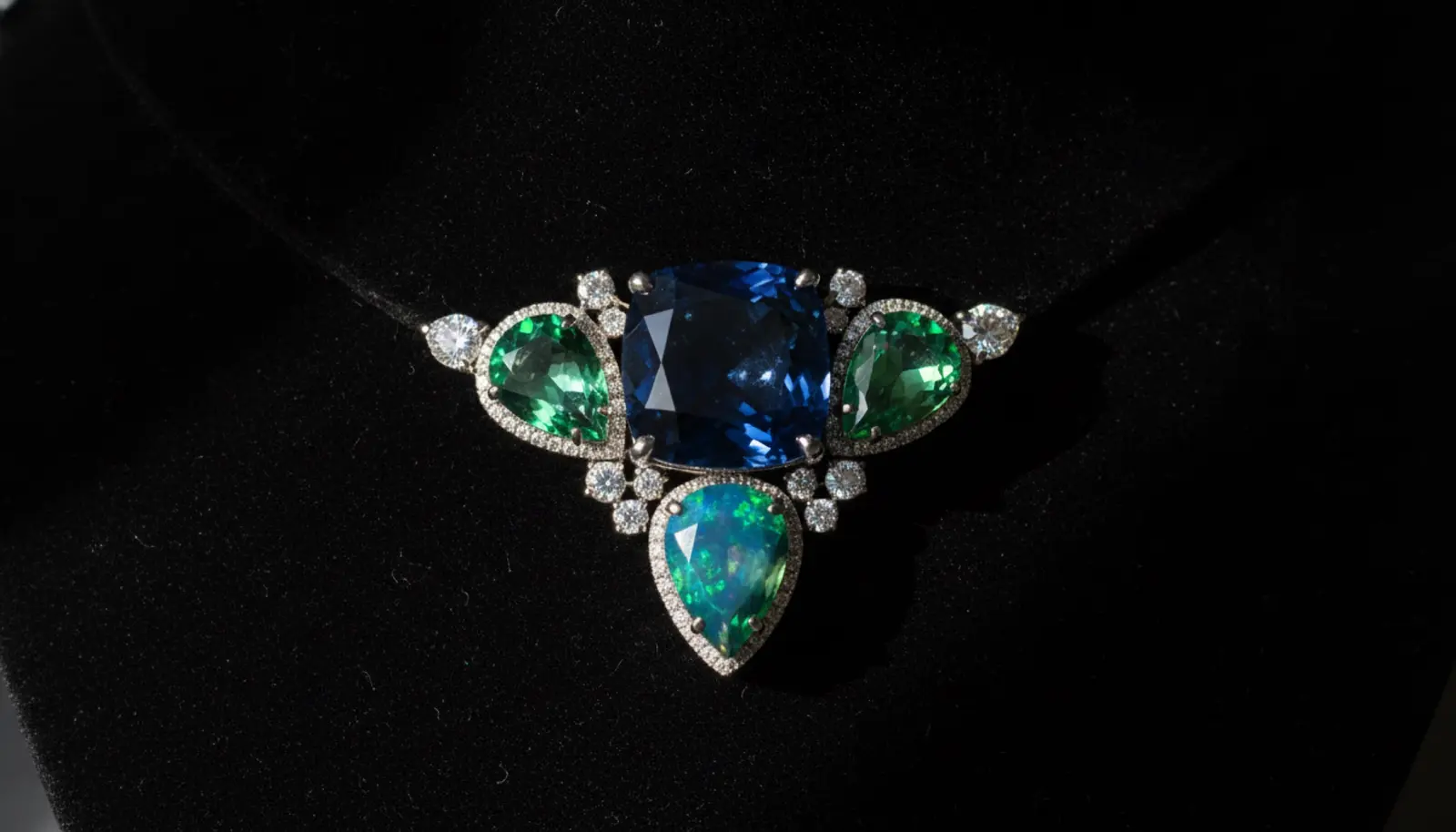Piaget Colours of Extraleganza Blue Illusions gerdanlığının üç taşı: Madagaskar safiri, Paraíba turmalin ve siyah opal