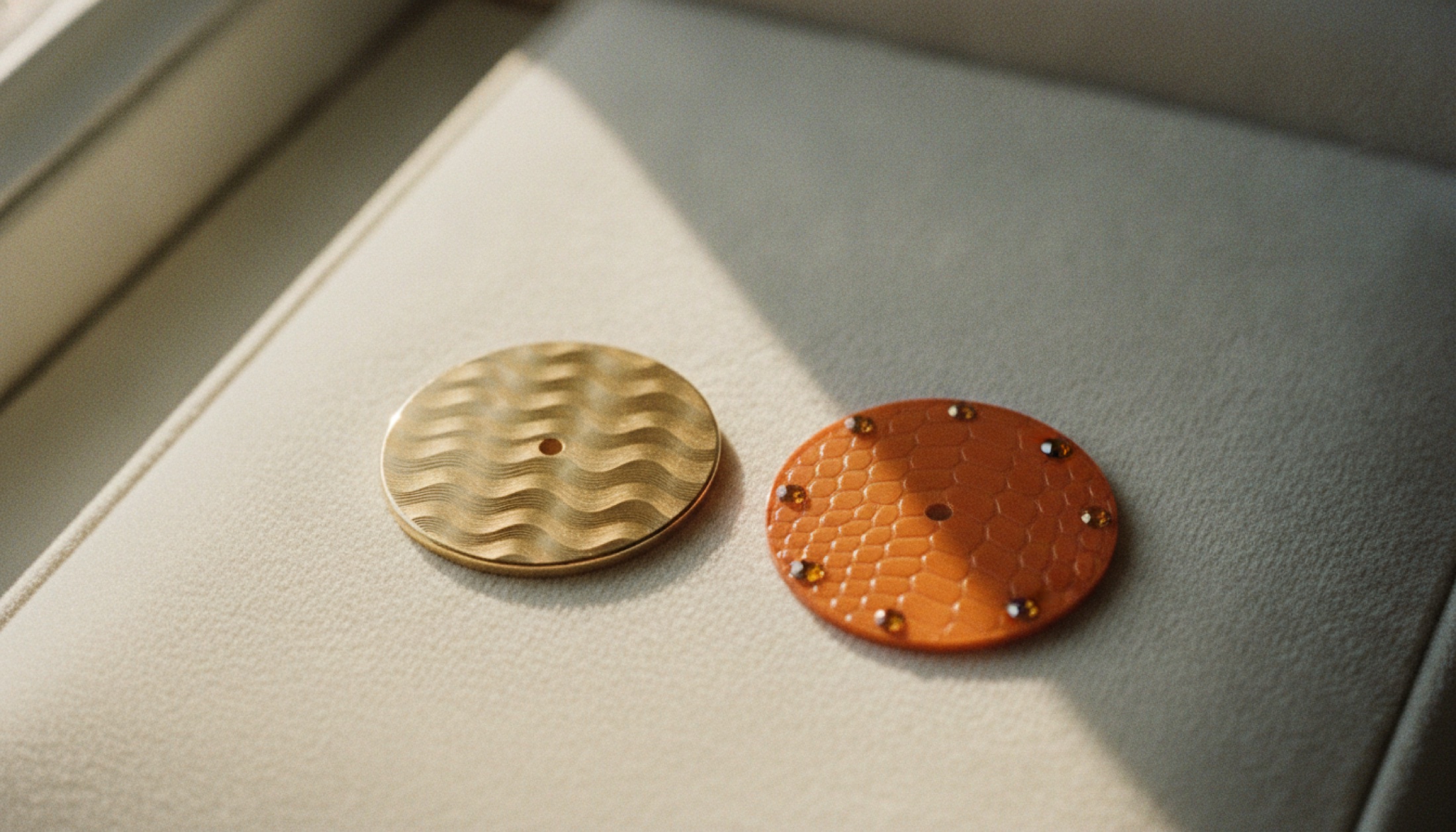 İki kadran yan yana: solda altın Décor Palace gravürü, sağda turuncu grand feu emaye ve spessartit garnet