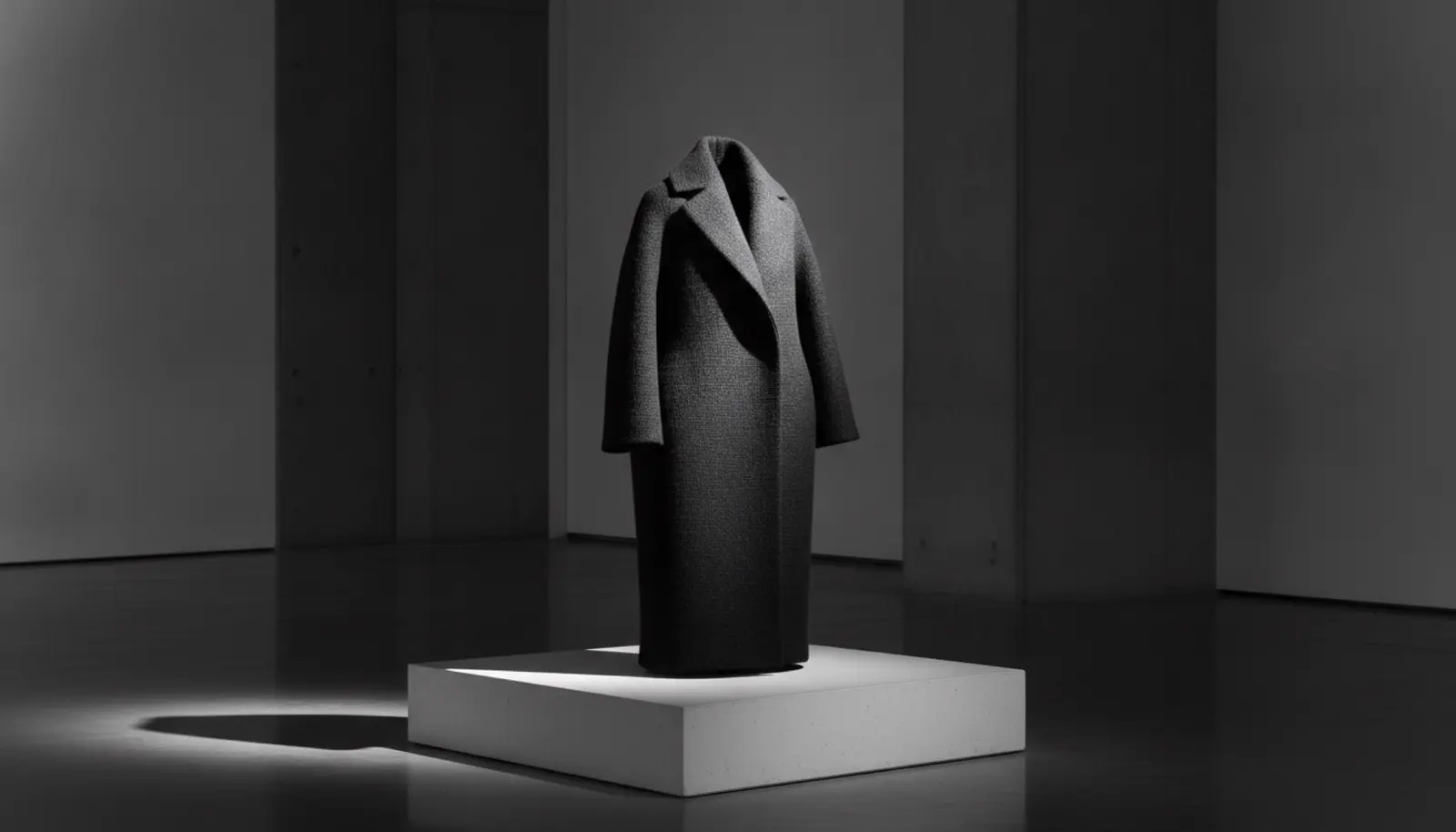 Balenciaga couture mimarisi: koyu gri kaban, sert aydınlatma ve derin gölge kontrastiyle minimalist sergi alanında