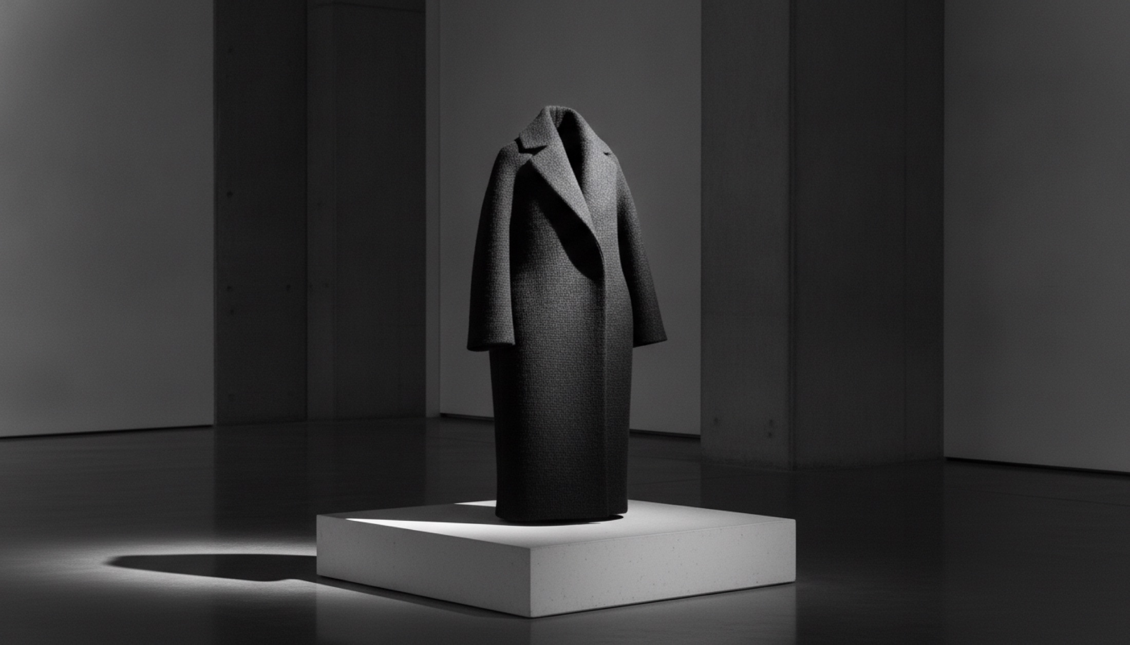 Balenciaga couture mimarisi: koyu gri kaban, sert aydınlatma ve derin gölge kontrastiyle minimalist sergi alanında
