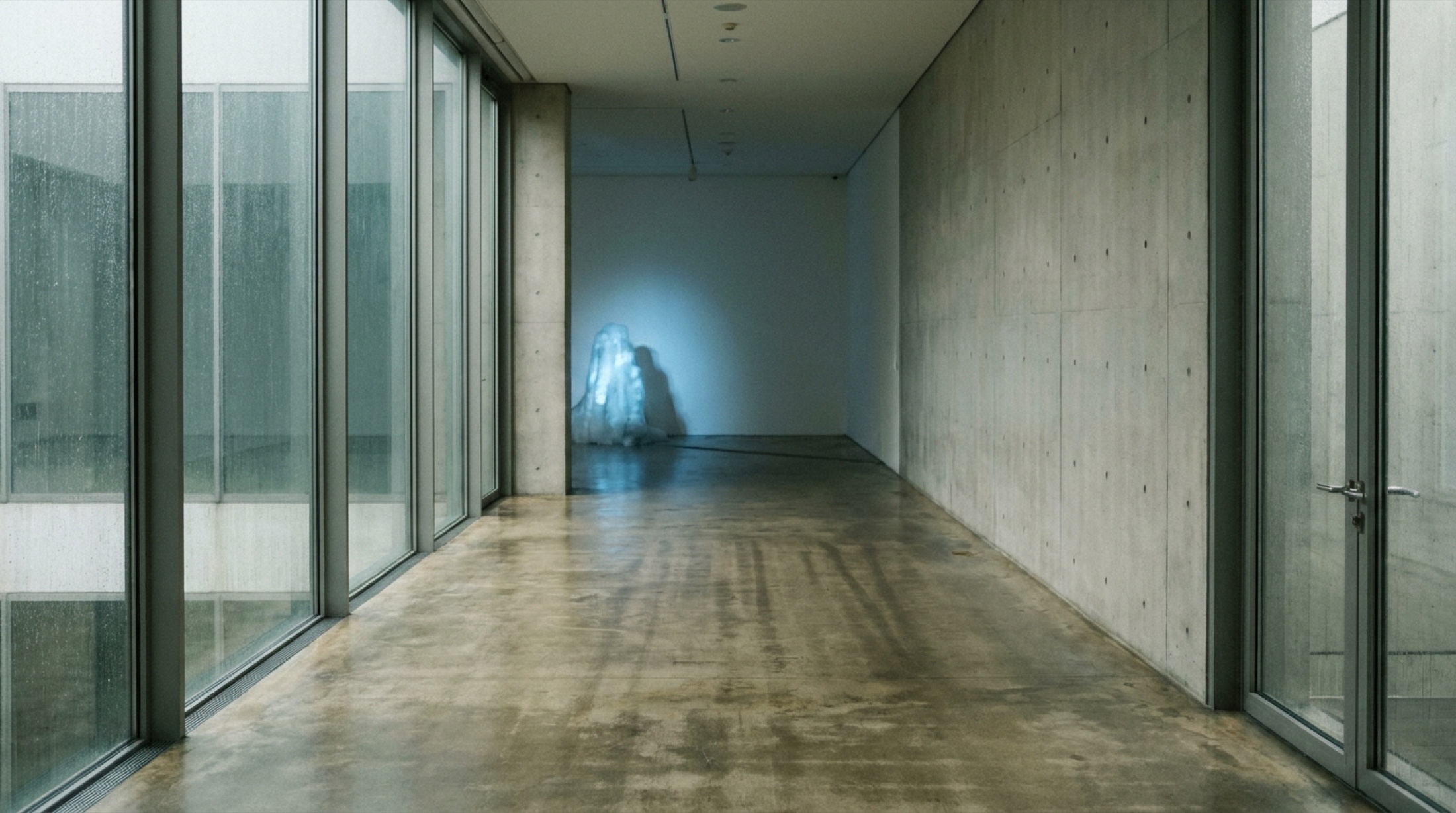 Fondation Beyeler'de Pierre Huyghe'nin sergisini anıştıran, cam ve beton mimarinin çevrelediği uzun bir galeri koridoru.