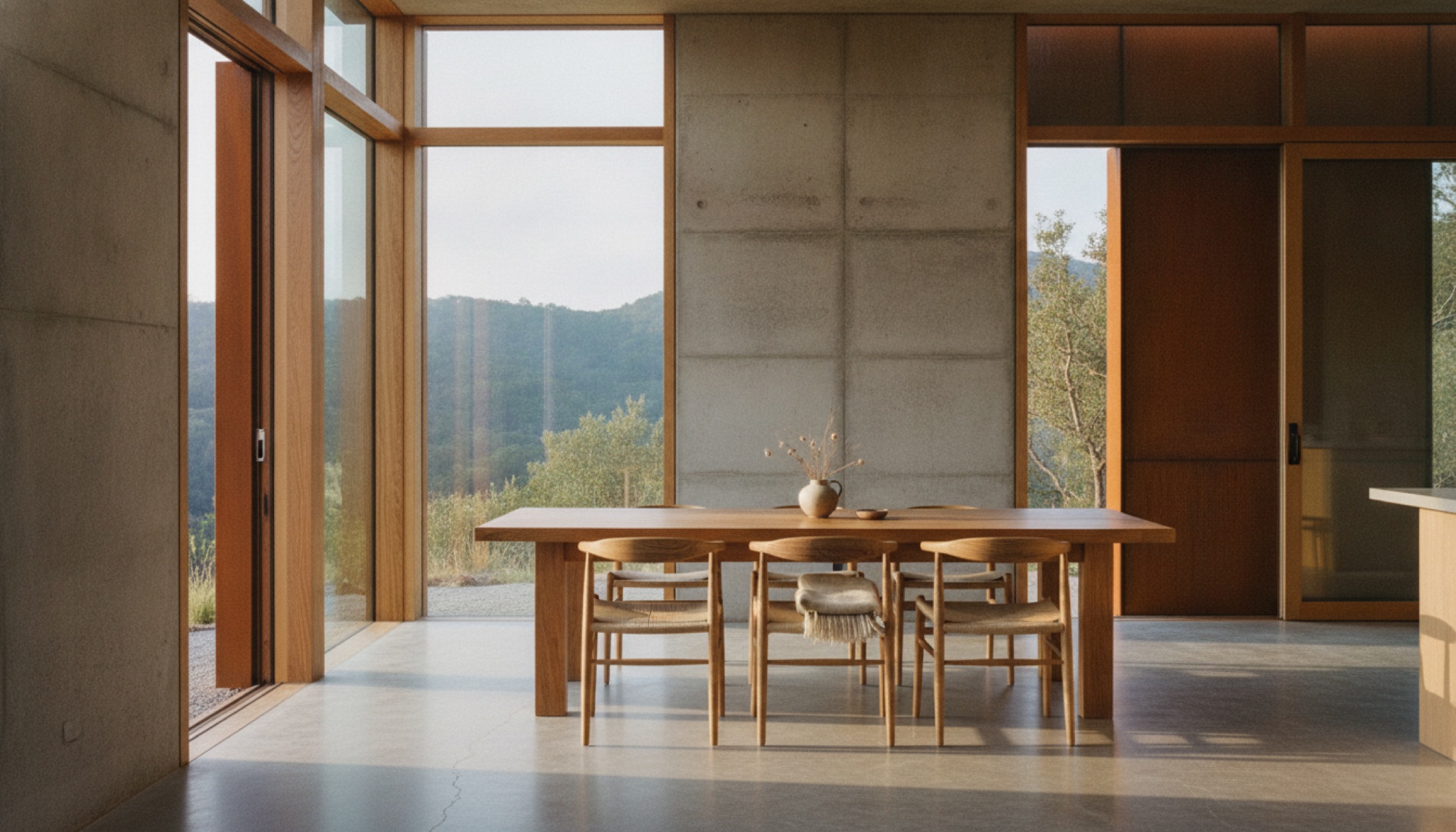 Pine Flat evi'nin iç mekânı: beton döşeme, meşe ahşap tavan ve Corten çelik dış cephe