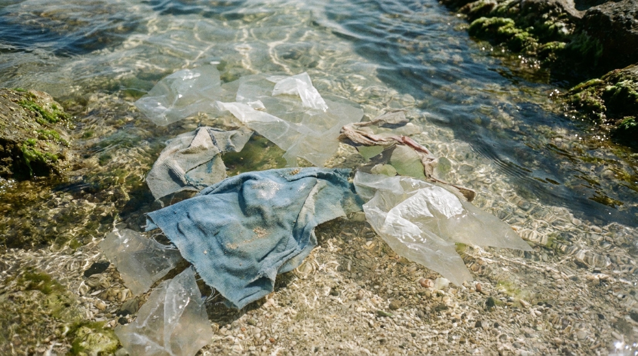 Deniz kıyısında su yüzeyine yakın plastik torba ve tekstil parçaları, sığ su, kayalar, doğal ışık