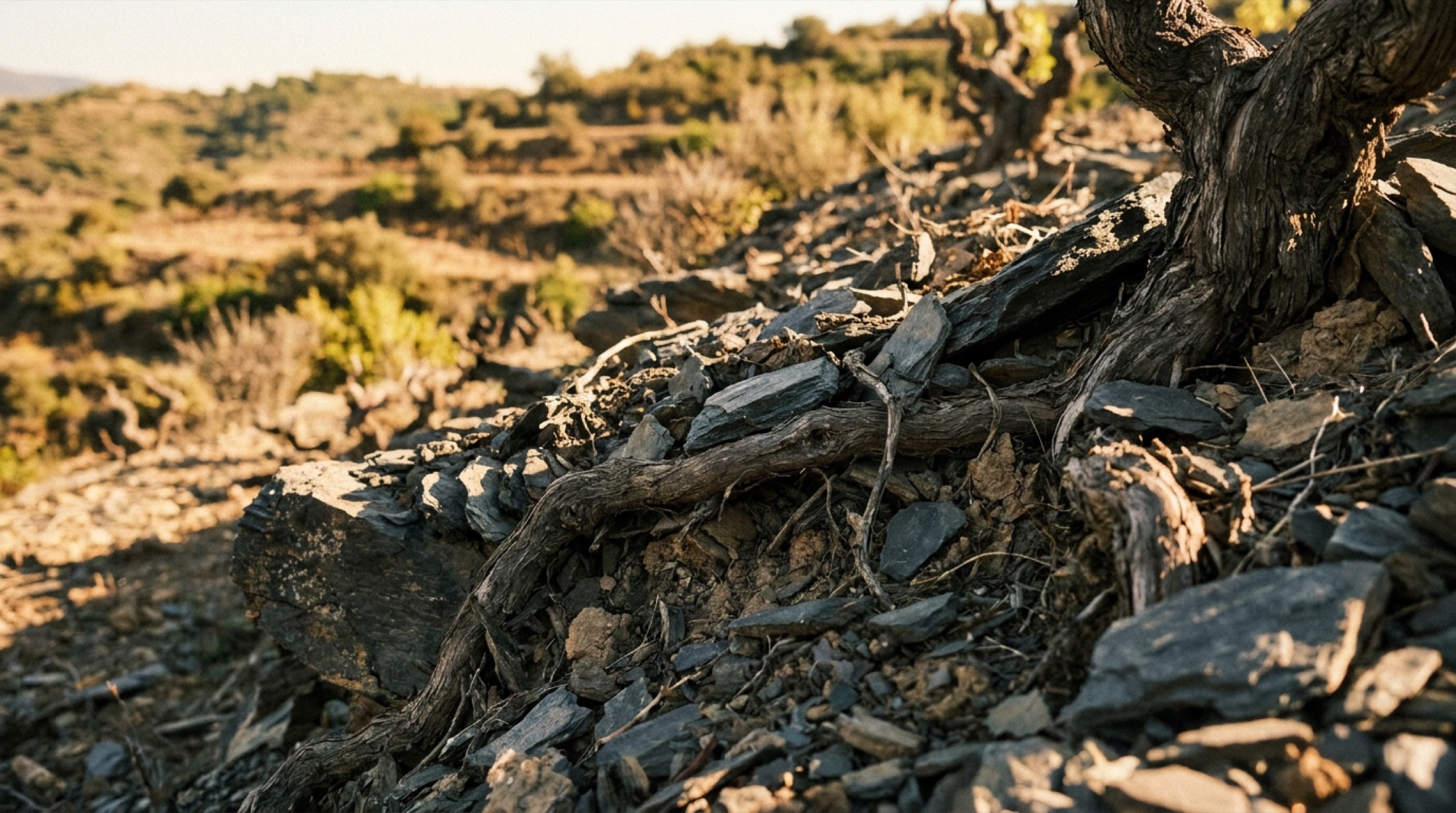 Priorat'ın llicorella arduvaz toprağında eski Garnacha asmasının kökleri