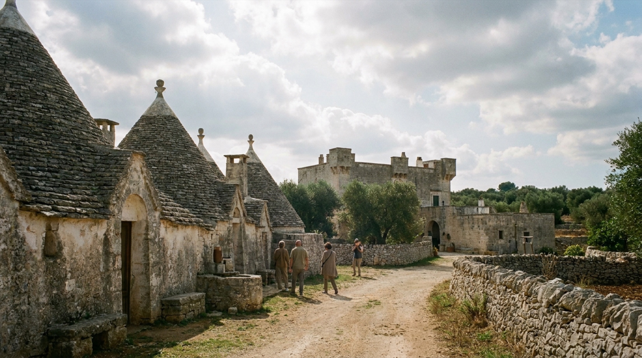 Puglia Valle d'Itria'da konik taş çatılı trullo evleri ve zeytin ağaçları, bahar yeşili arka planda