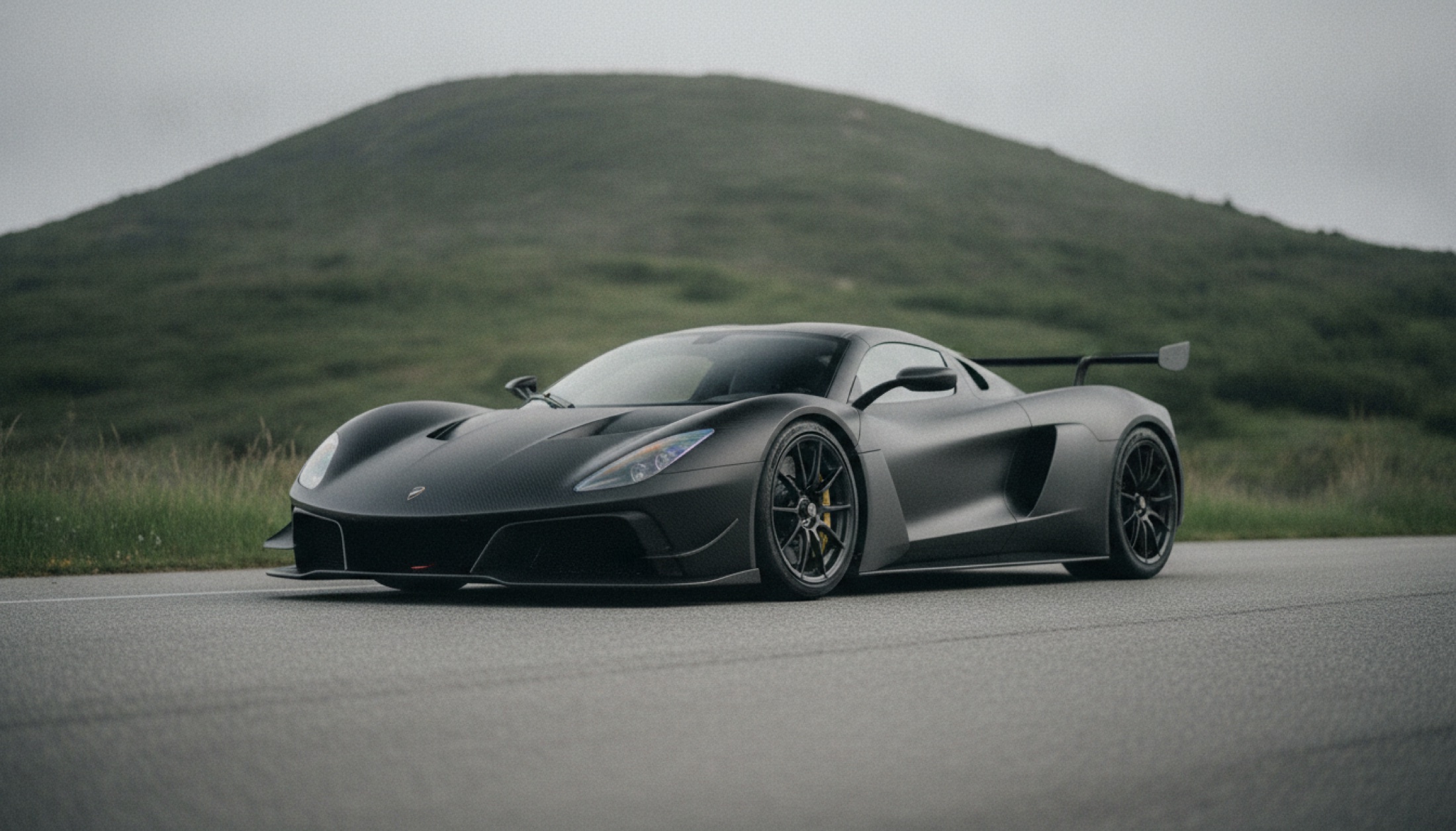 Düşük profilli karbon fiber hypercar, kapalı asfalt yolda üç çeyrek ön açıdan