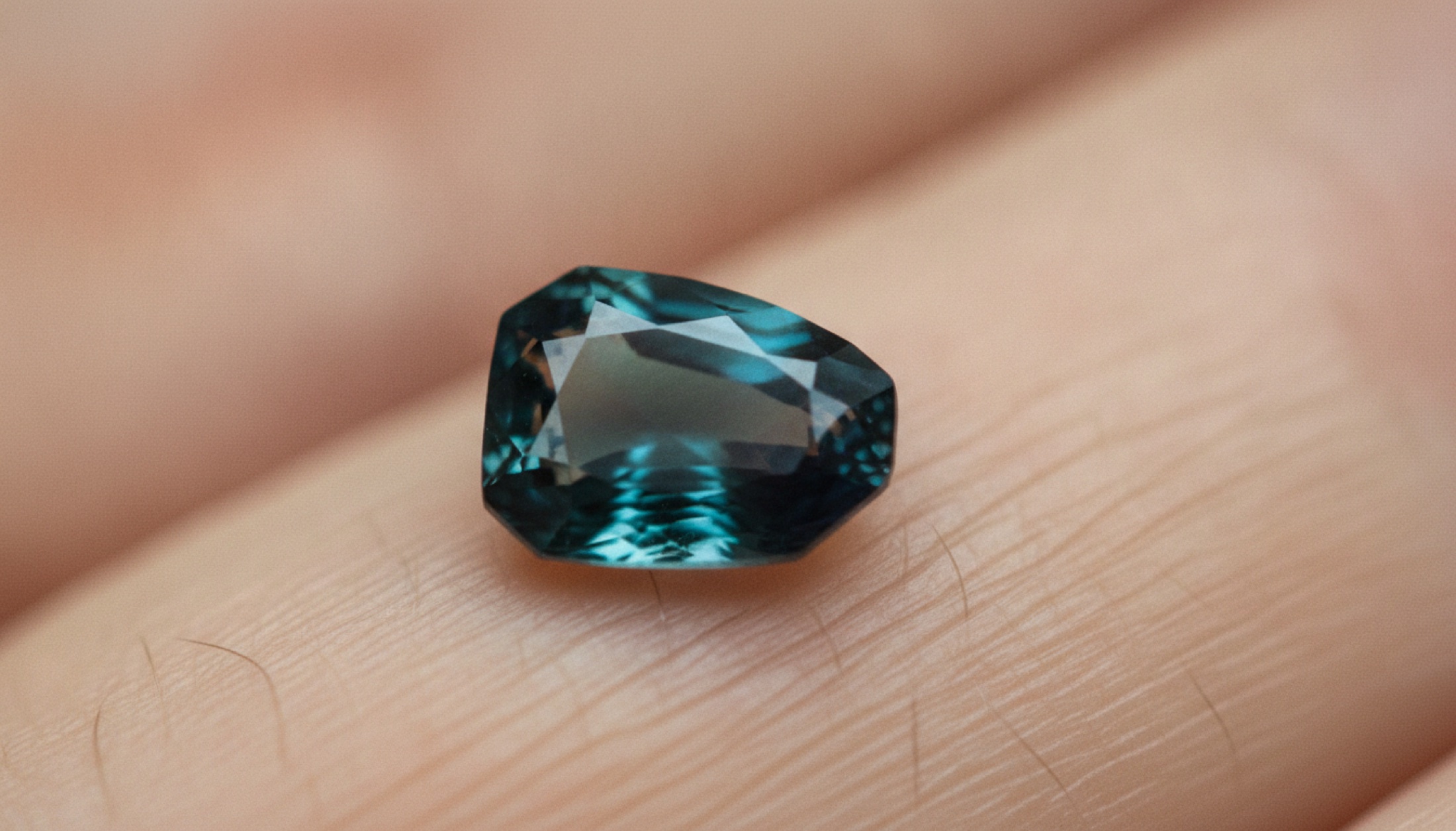 Indicolite turmalin — ten üzerinde pençesiz, yakın plan