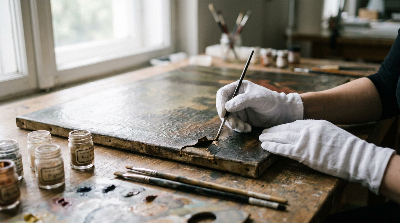 Bir restoratör, ahşap bir masanın üzerinde ince fırçalarla eski bir tuvalin yırtık kenarını onarıyor; yanında mikroskop ve pigment şişeleri duruyor.