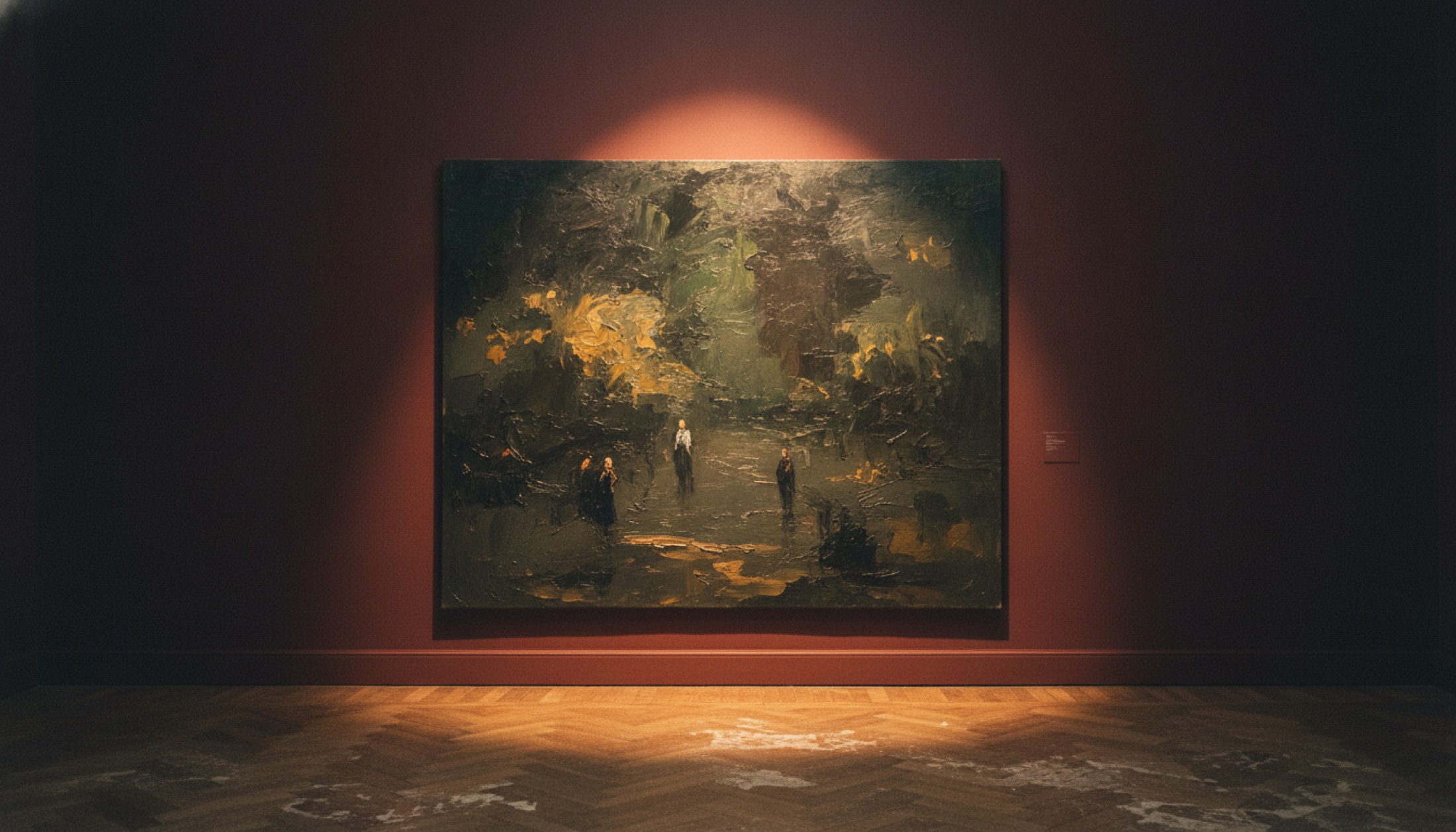 Royal Academy'de Richard Dadd: Beyond Bedlam retrospektifinden kurulum görünümü — kararık galeride tek tablonun öne çıktığı sessiz sahne