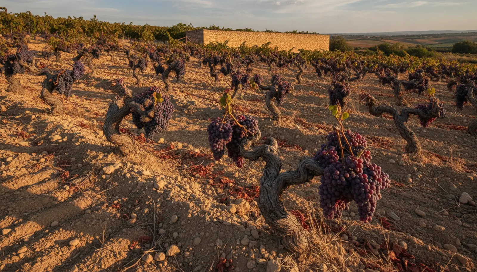 Rioja'da killi kireçtaşı yamacında eski Tempranillo asmaları, altın saati ışığında