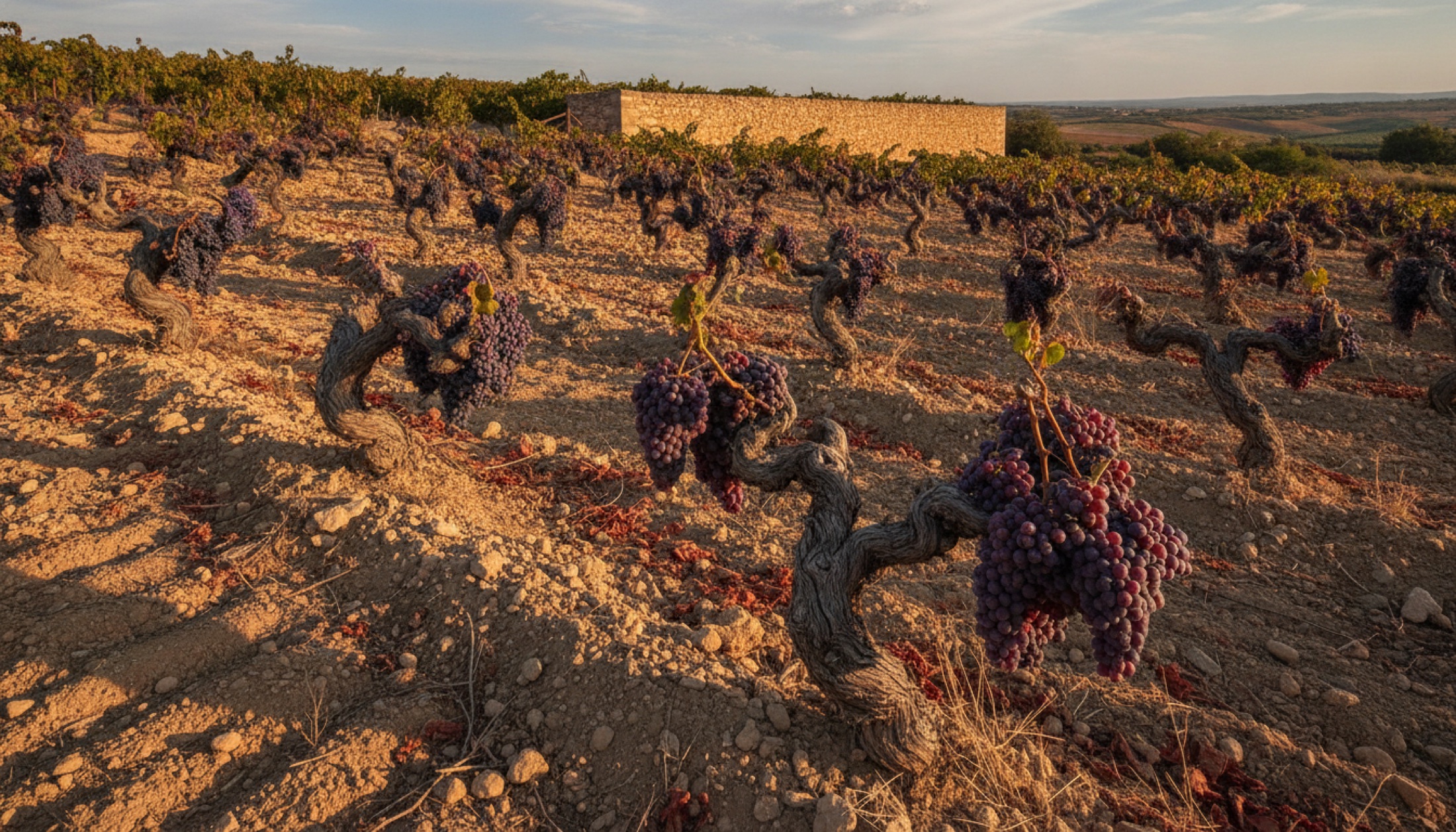 Rioja'da killi kireçtaşı yamacında eski Tempranillo asmaları, altın saati ışığında