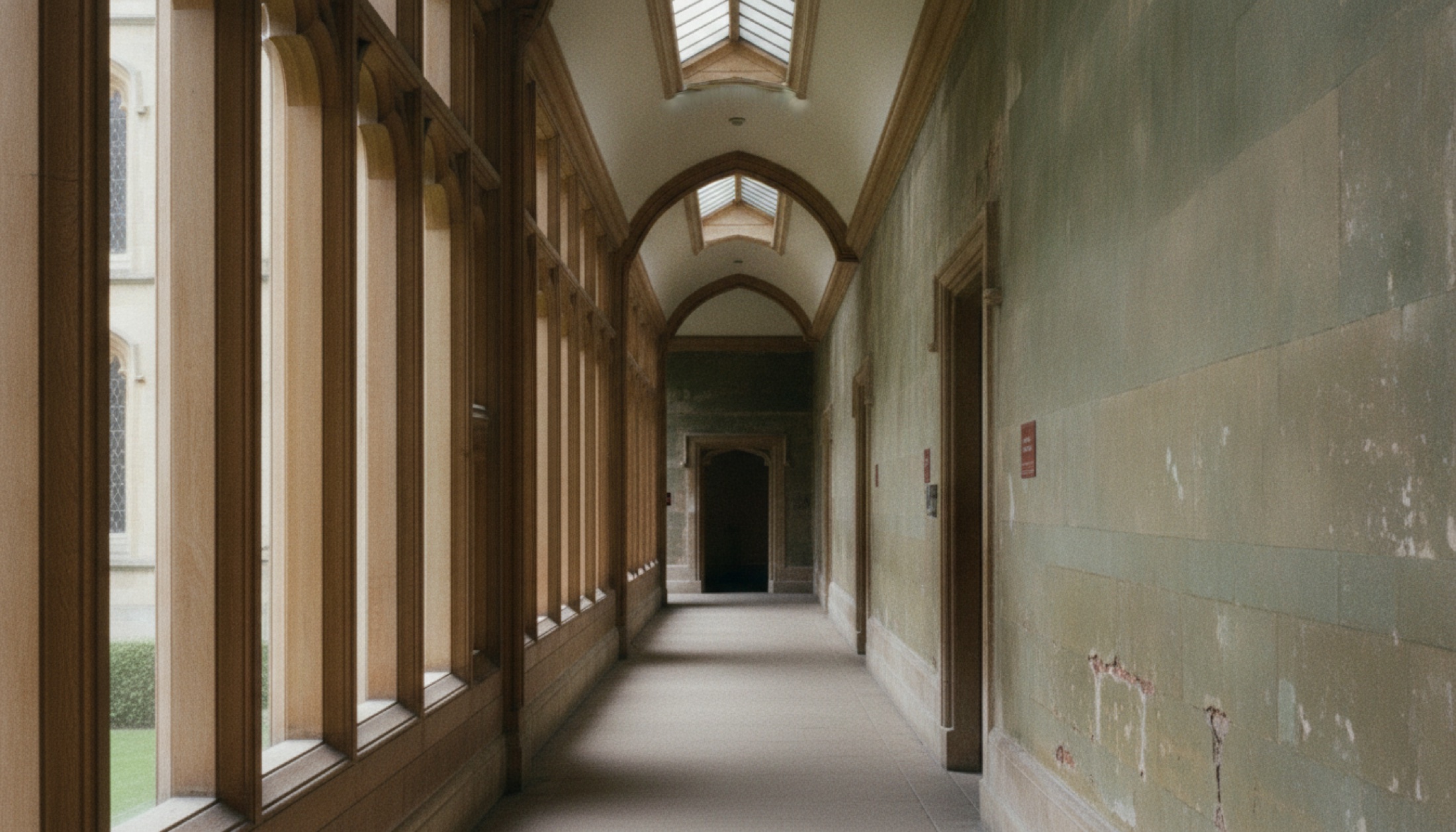 Clare College River Wing'in dar meşe kolonlu iç koridoru, tarihi taş duvarlar arasında